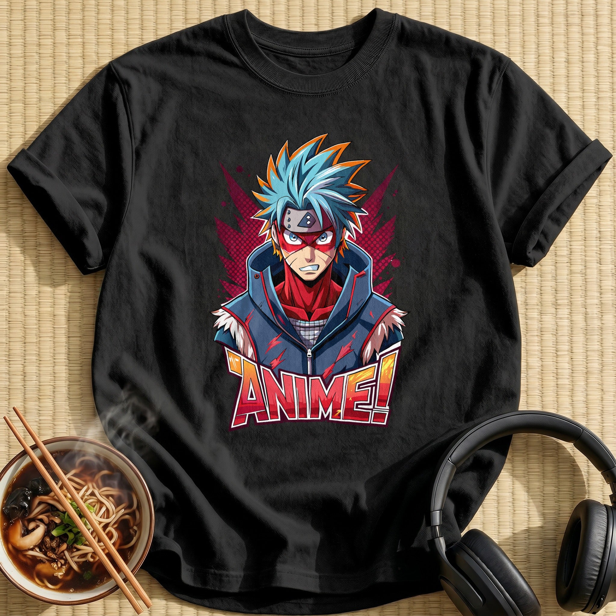 Spiky Blue Haired Anime Hero - Black