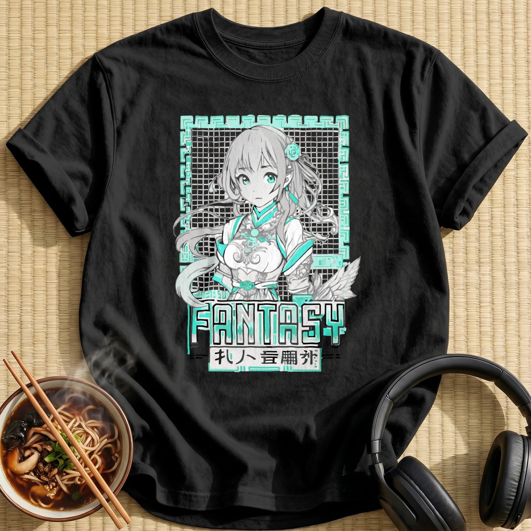 Teal Fantasy Anime Maiden Portrait - Black