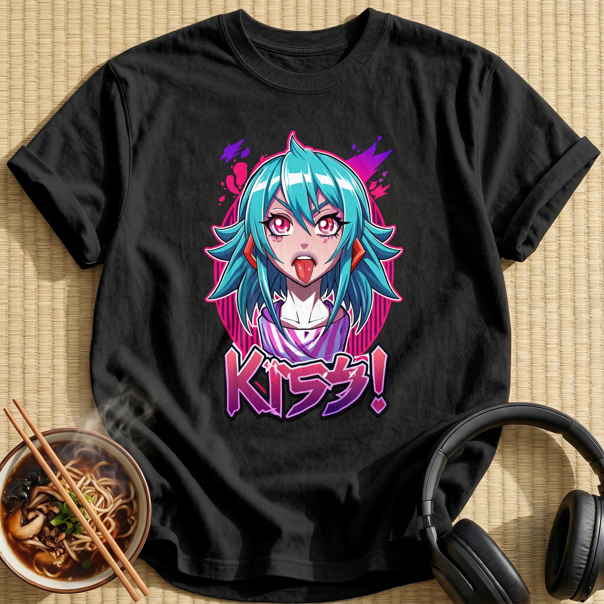 Teal Hair Anime Girl Kiss - Black