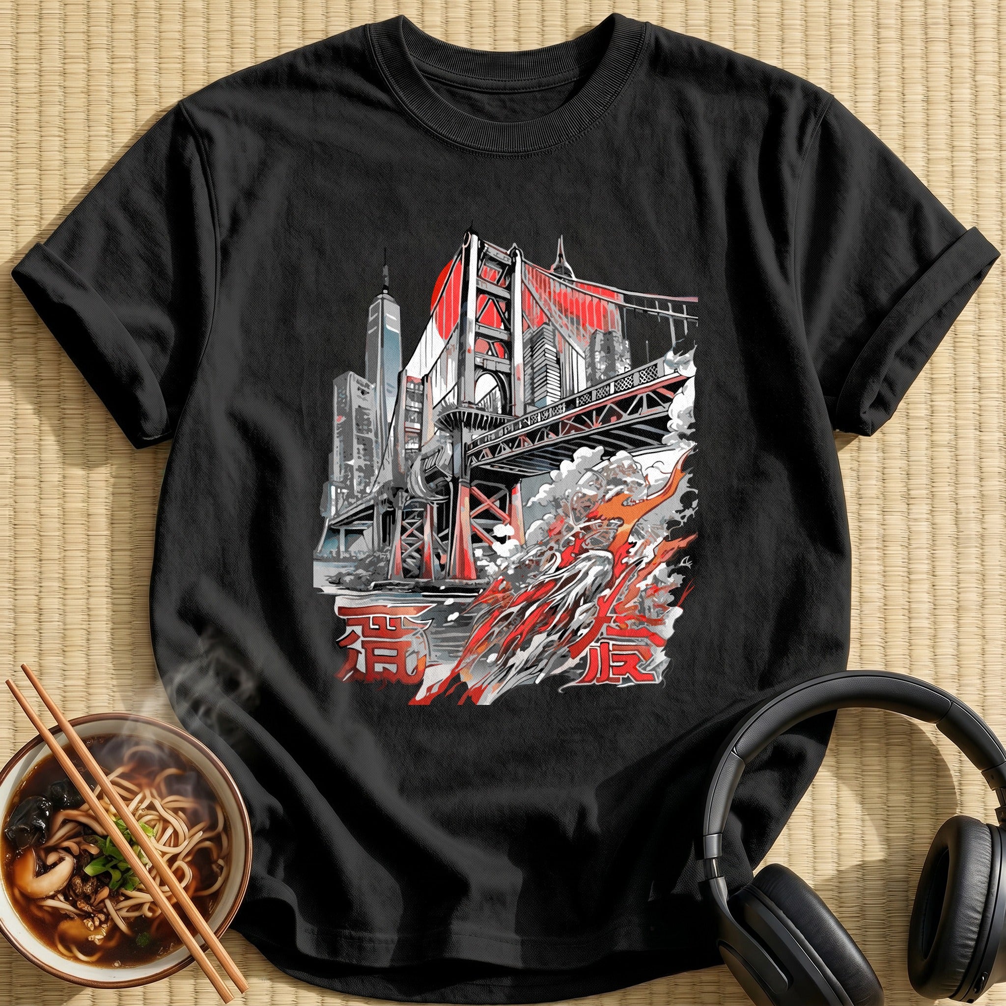 Tokyo Bridge Skyline Crashing Wave - Black