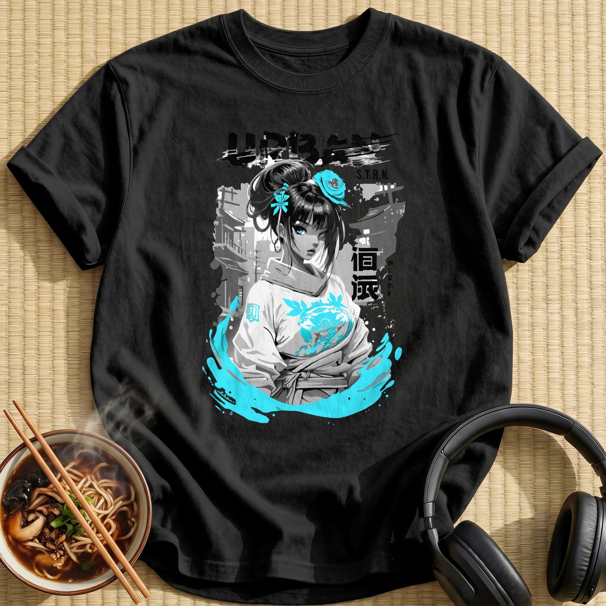 Urban Streetwear Anime Girl Cyan - Black