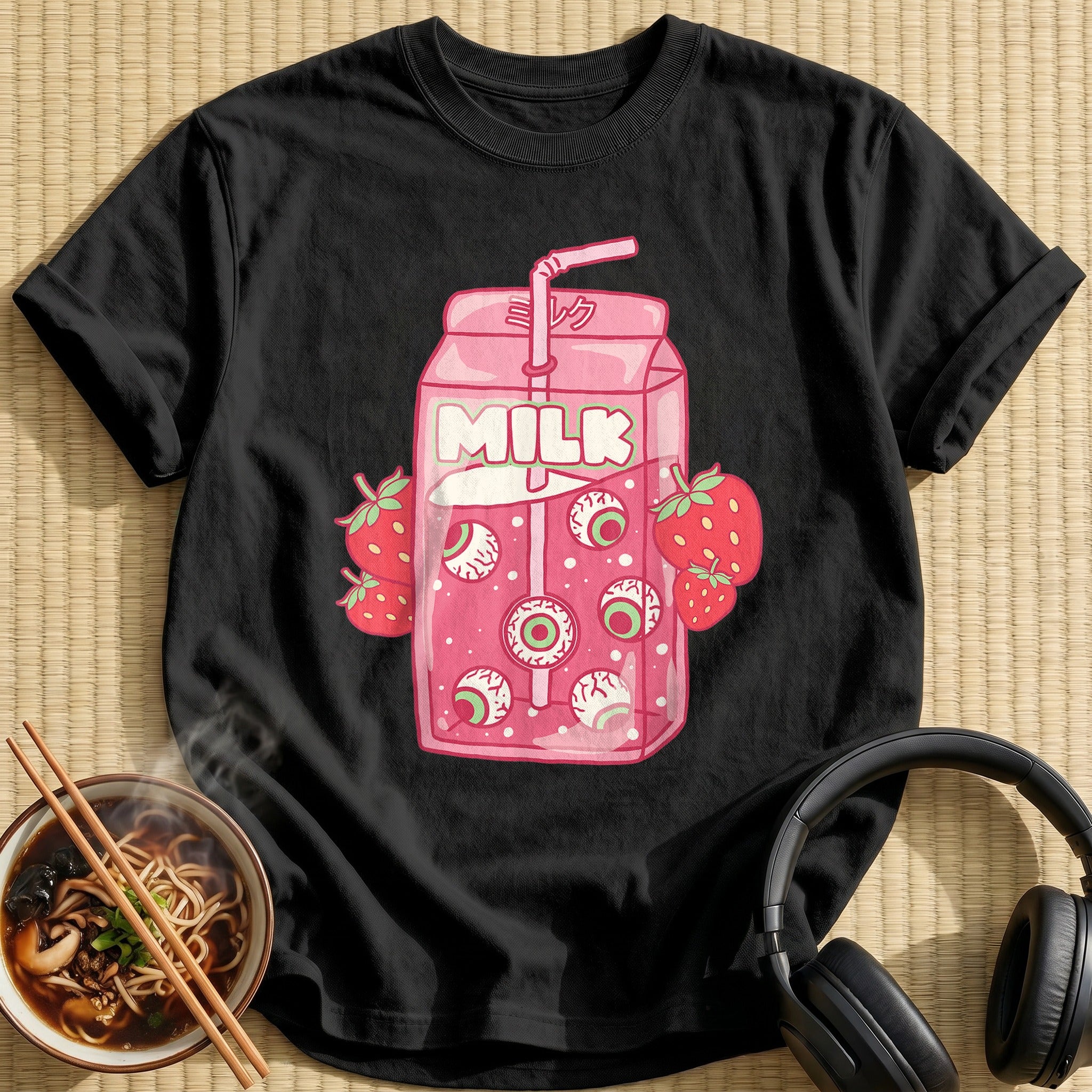 Weirdcore Strawberry Eyeball Milk Carton - Black