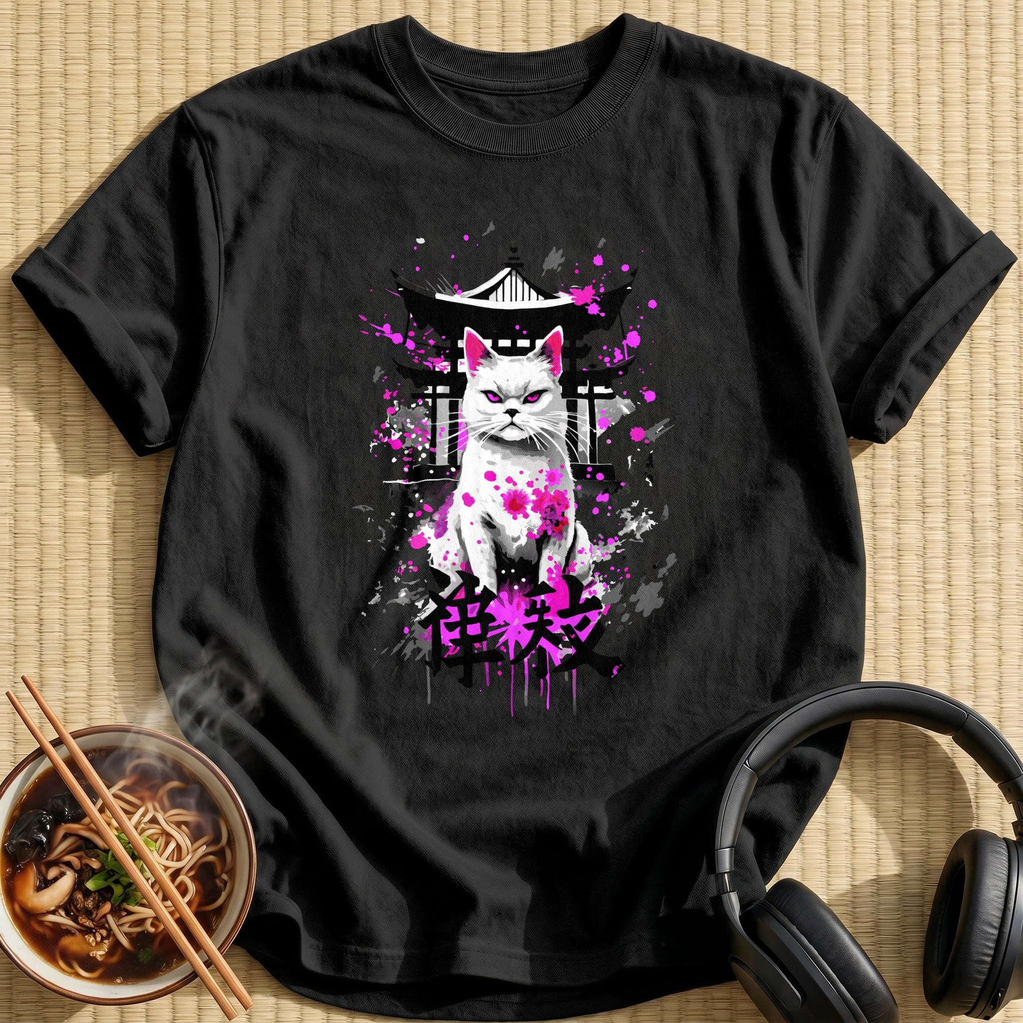 White Cat Pink Splatter Shrine - Black