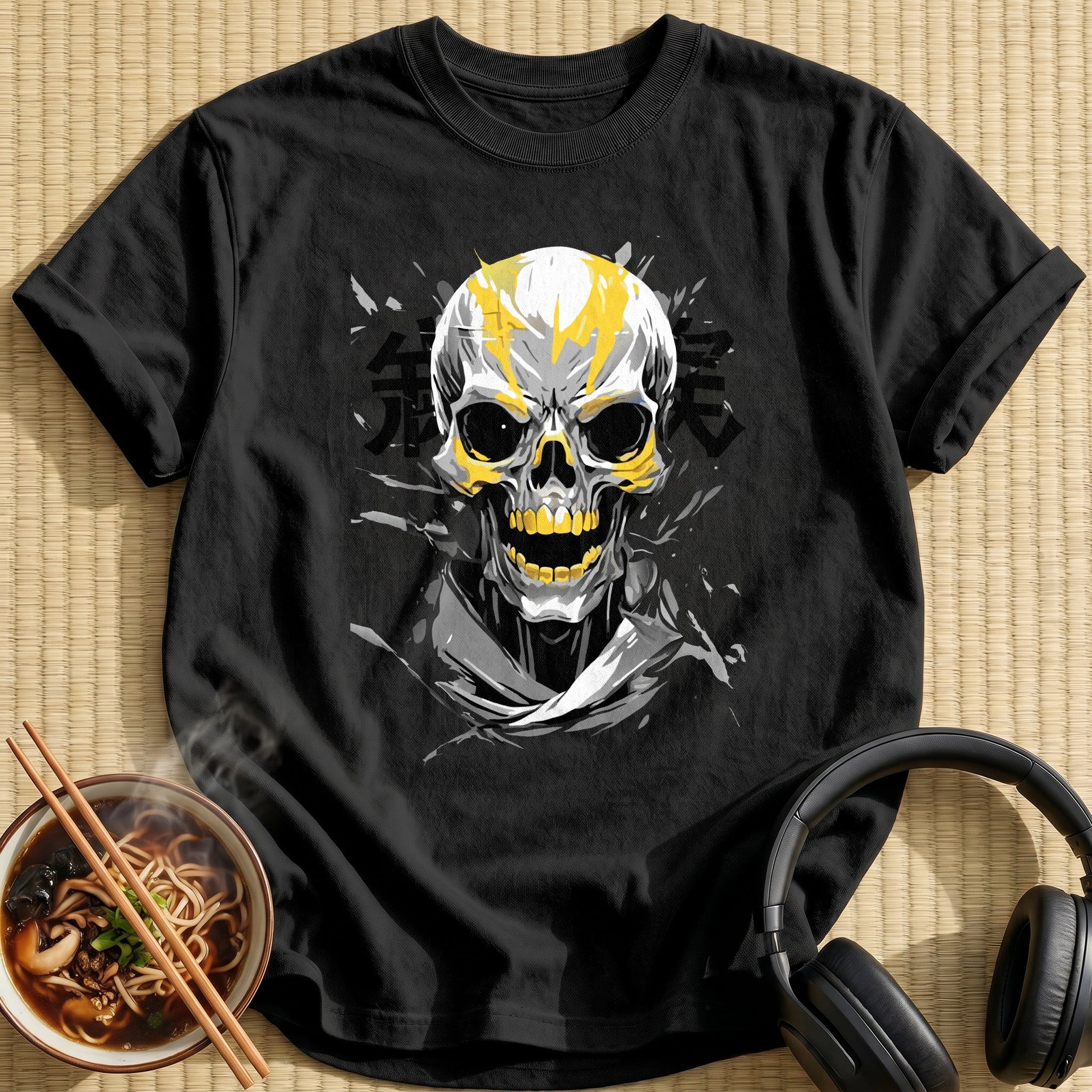 Yellow Flame Grinning Human Skull - Black