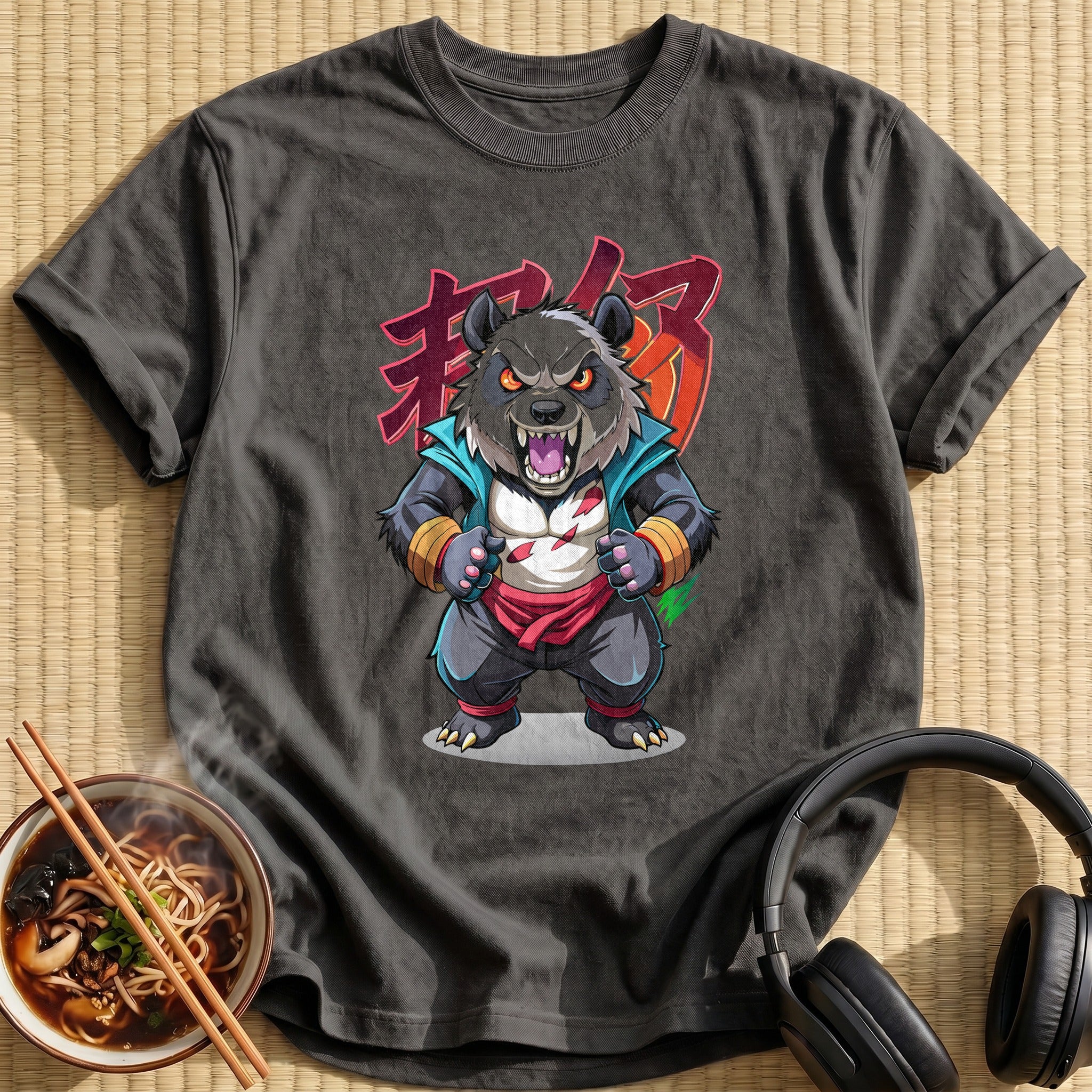 Angry Fighting Panda Warrior Cartoon - Charcoal