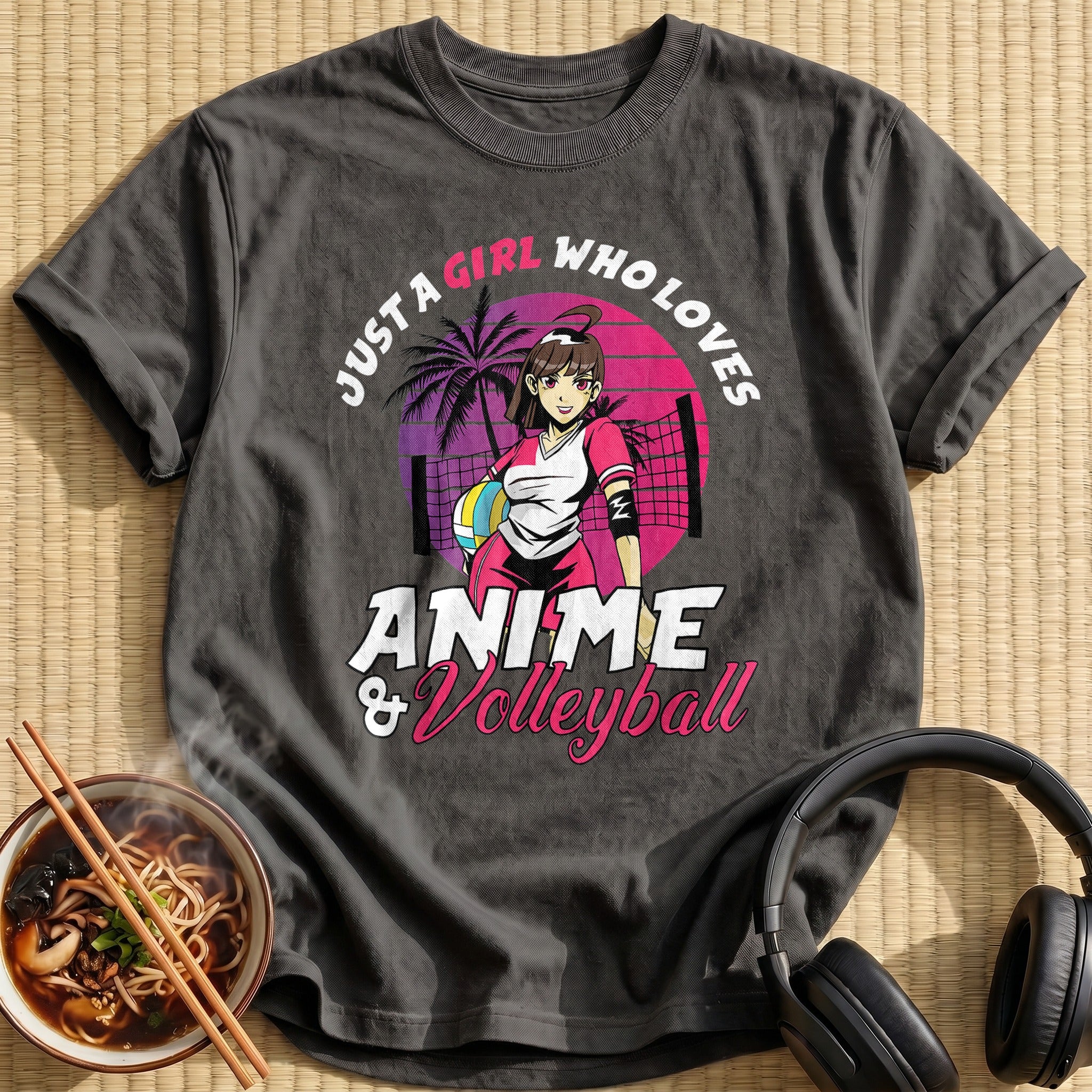 Anime Volleyball Girl Sunset Retro Style - Charcoal