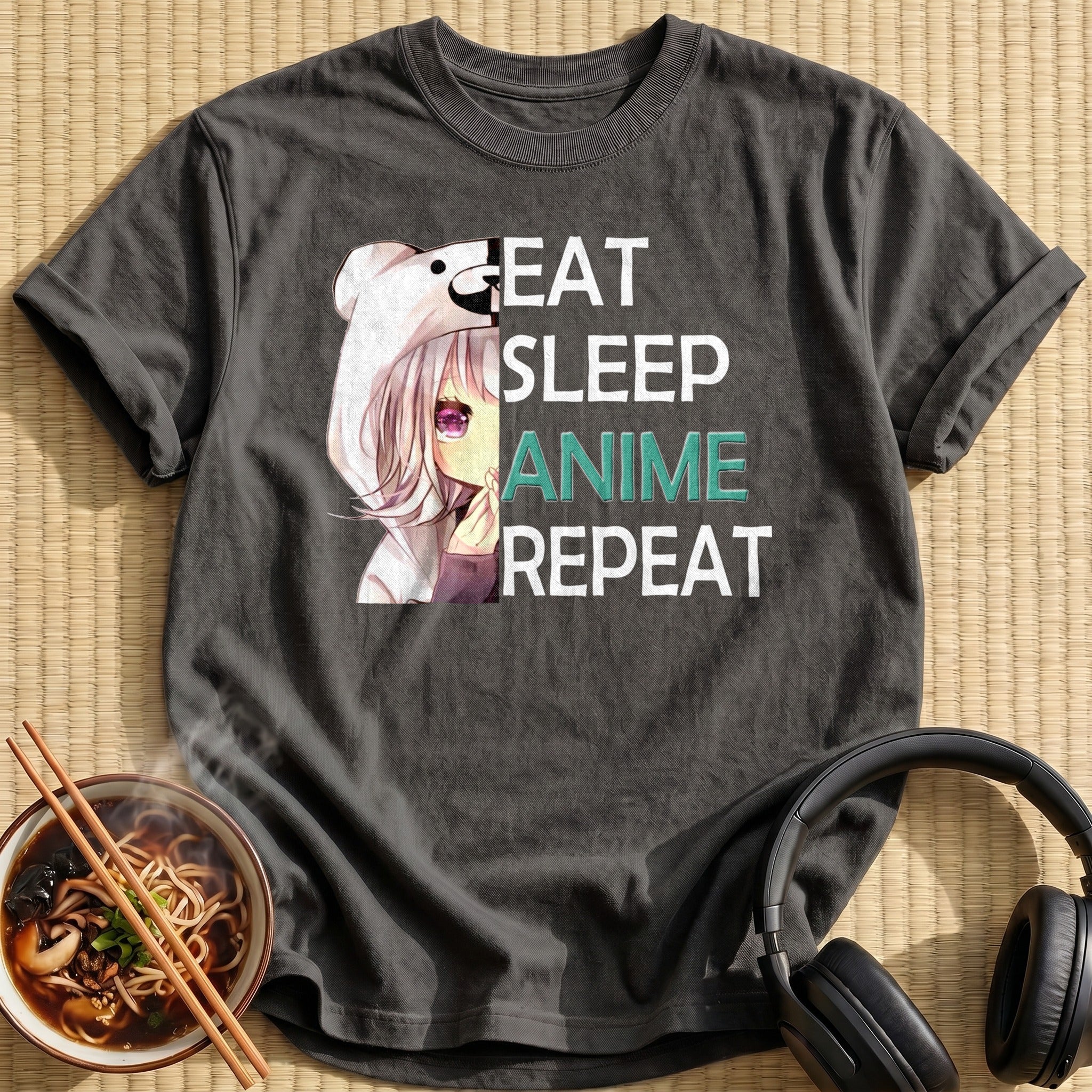 Bear Hoodie Girl Anime Text - Charcoal
