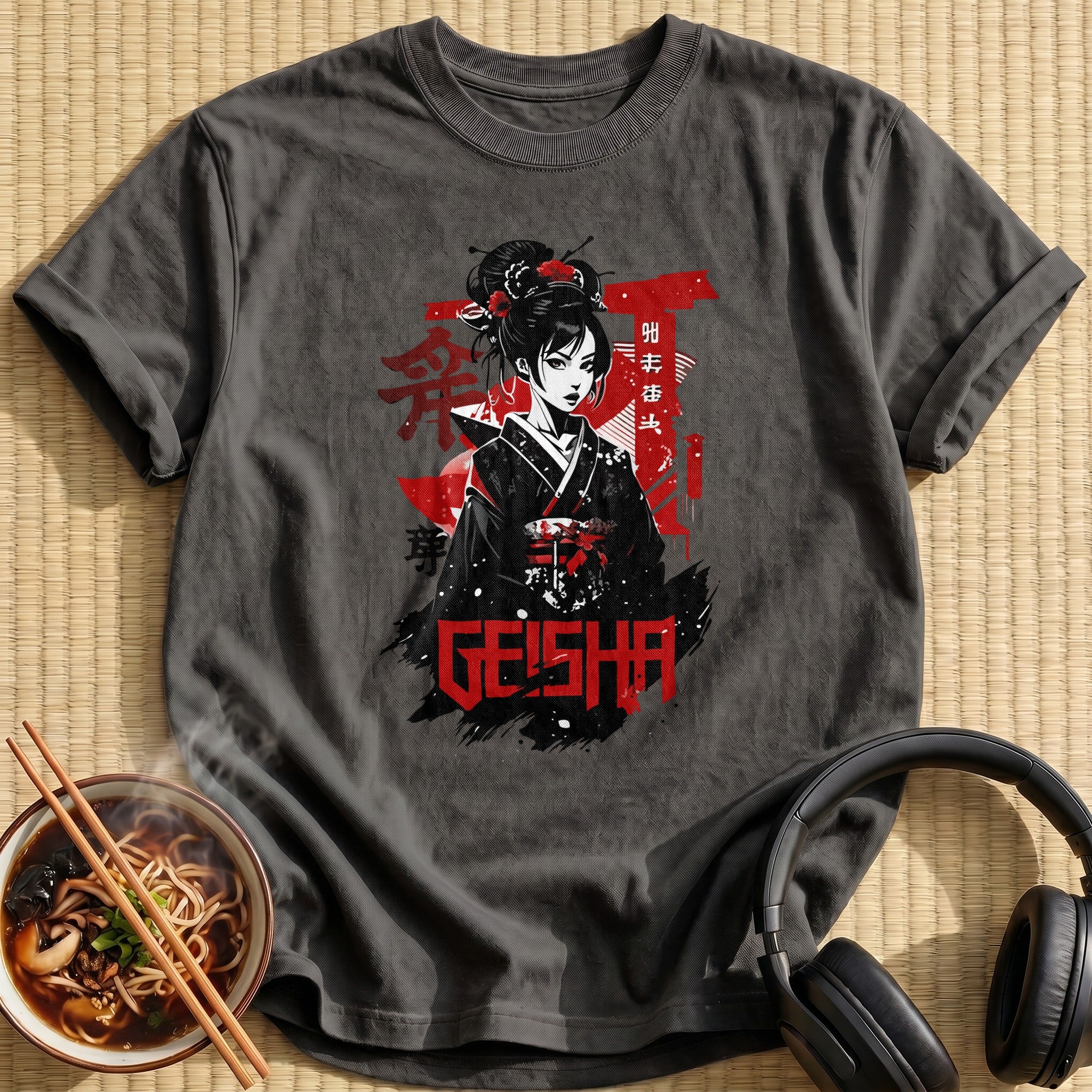 Black Red Geisha Kimono Portrait - Charcoal