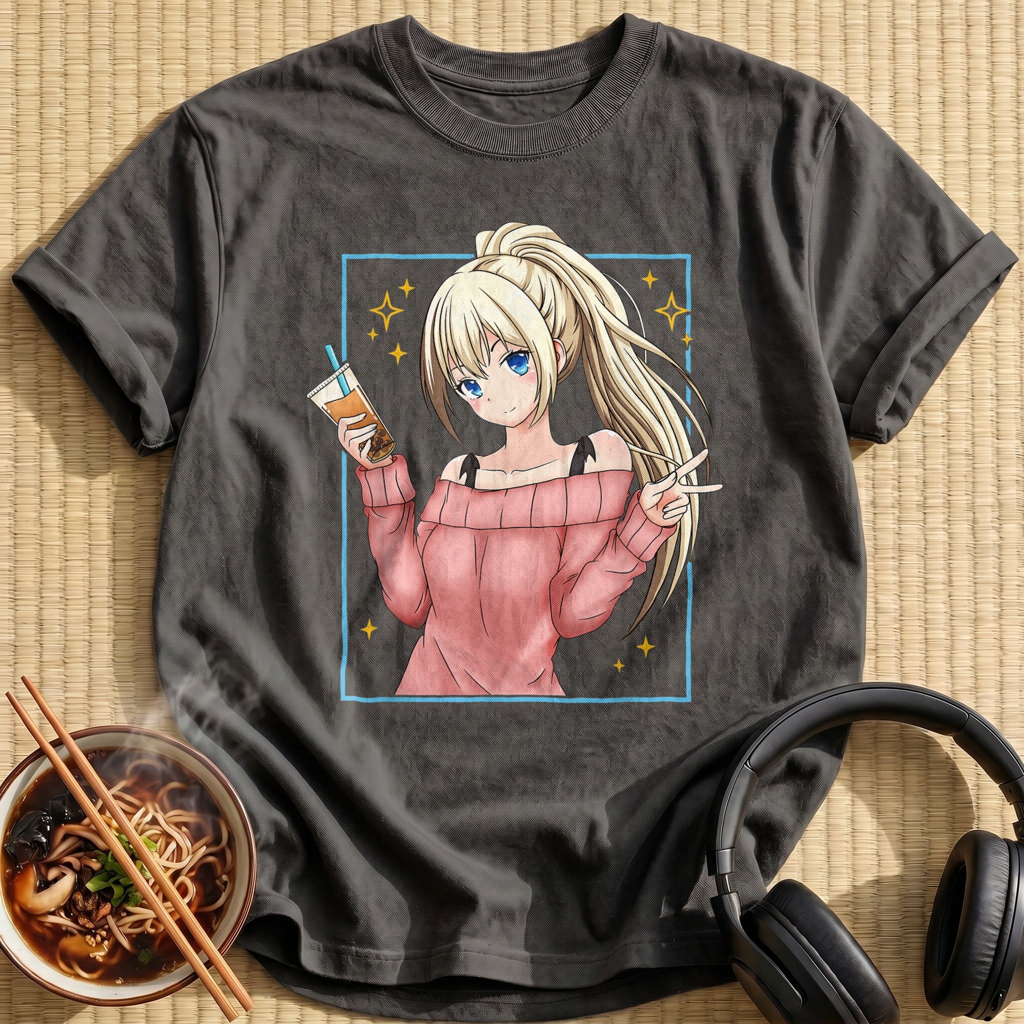 Blonde Anime Girl Bubble Tea - Charcoal