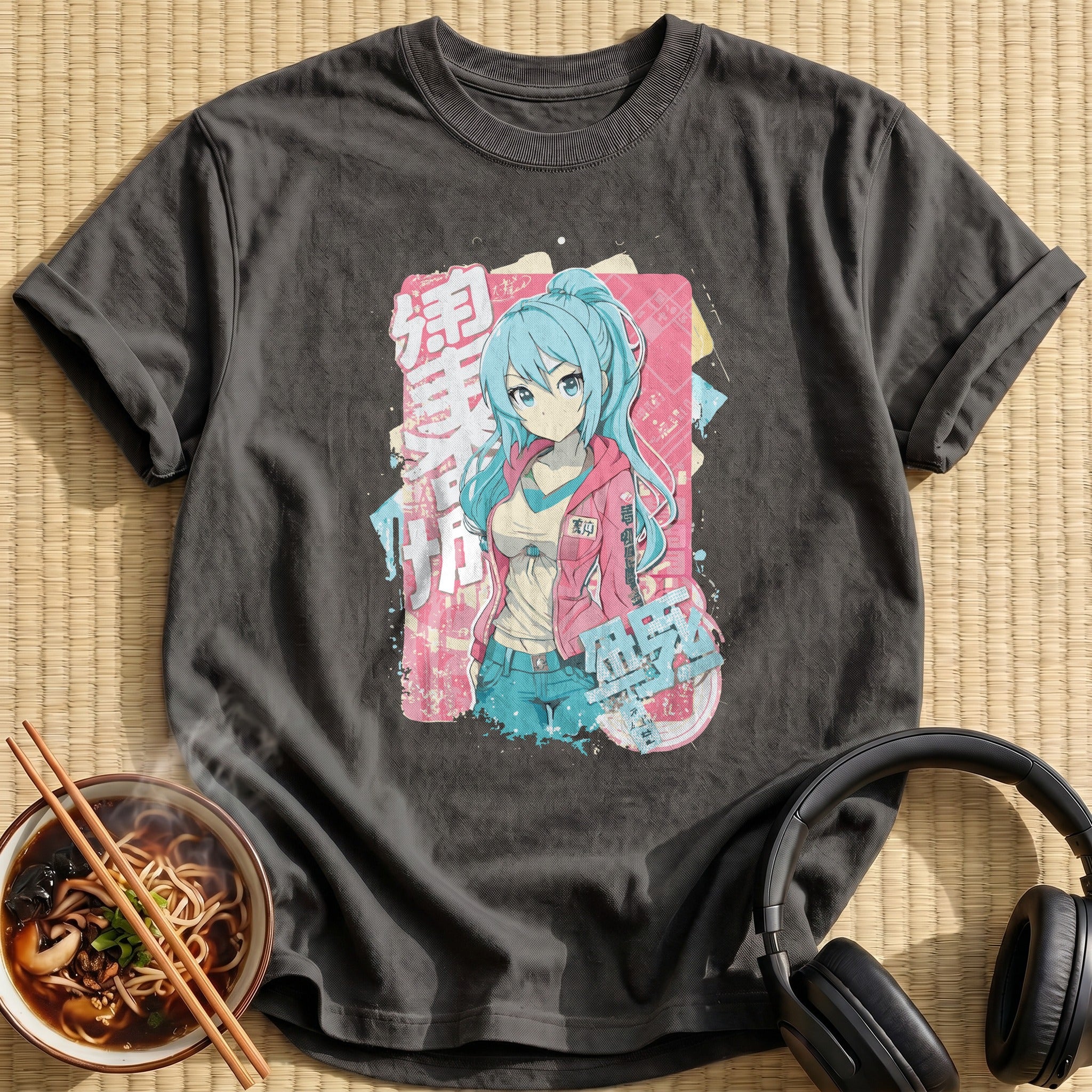 Blue Haired Girl Pink Jacket - Charcoal