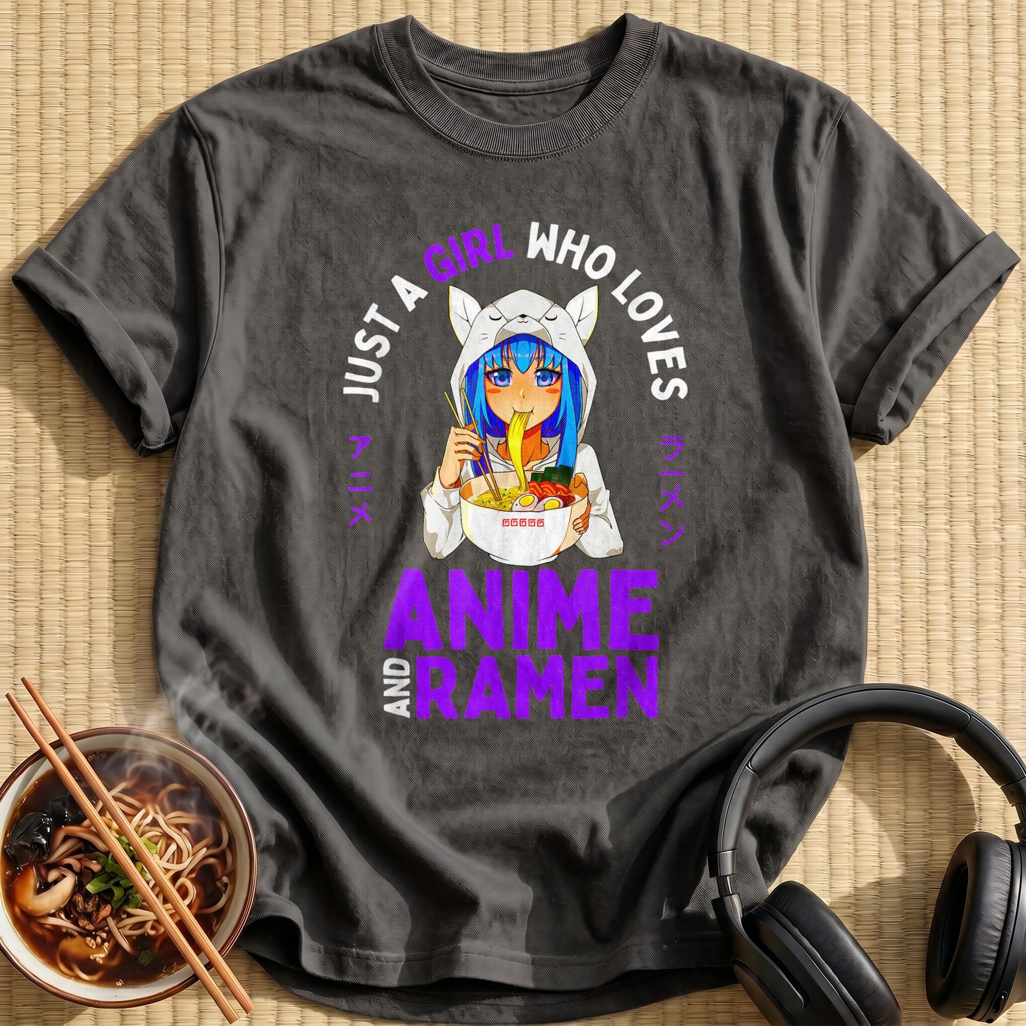 Cat Hoodie Girl Eating Ramen Noodles - Charcoal