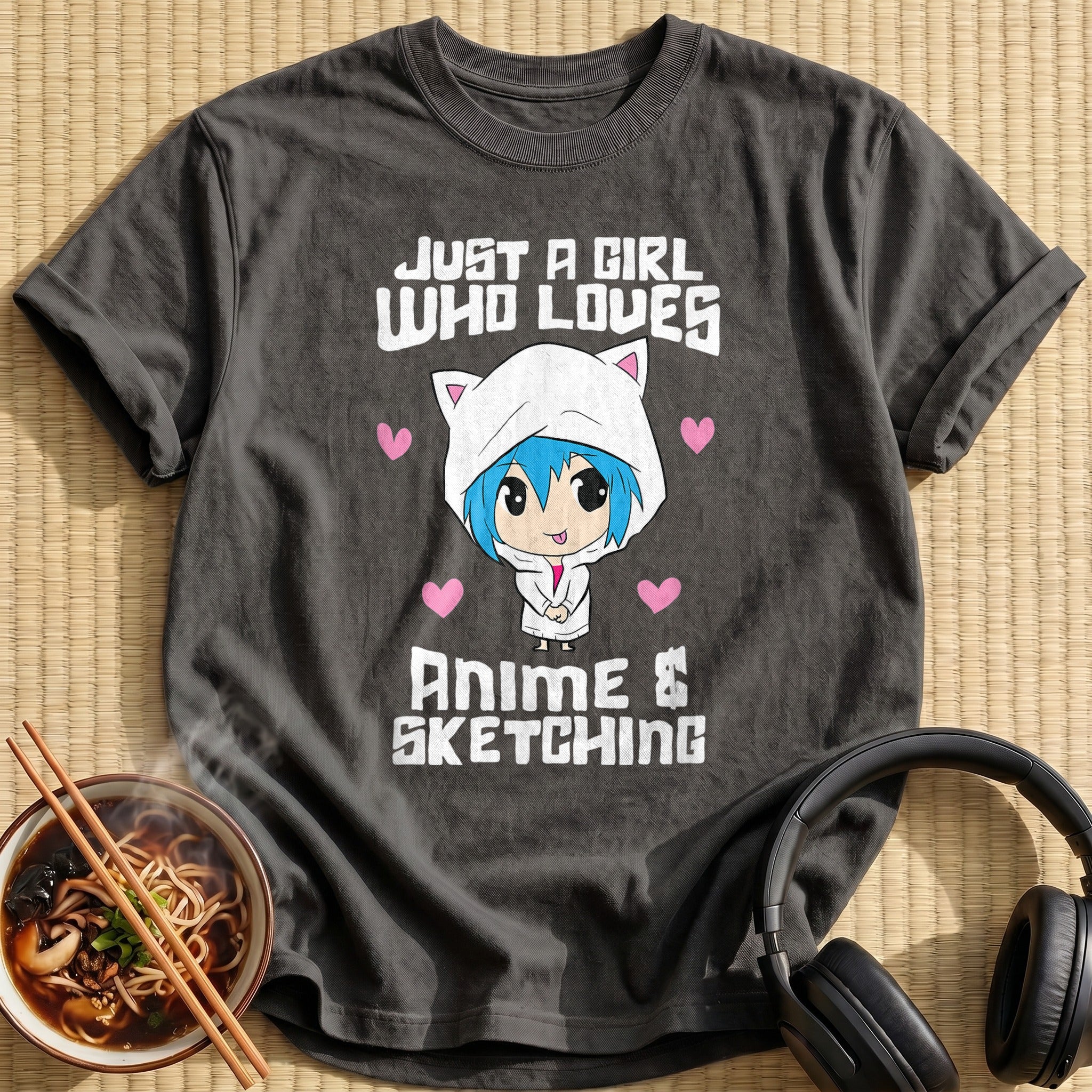 Chibi Blue Hair Cat Hood Girl - Charcoal
