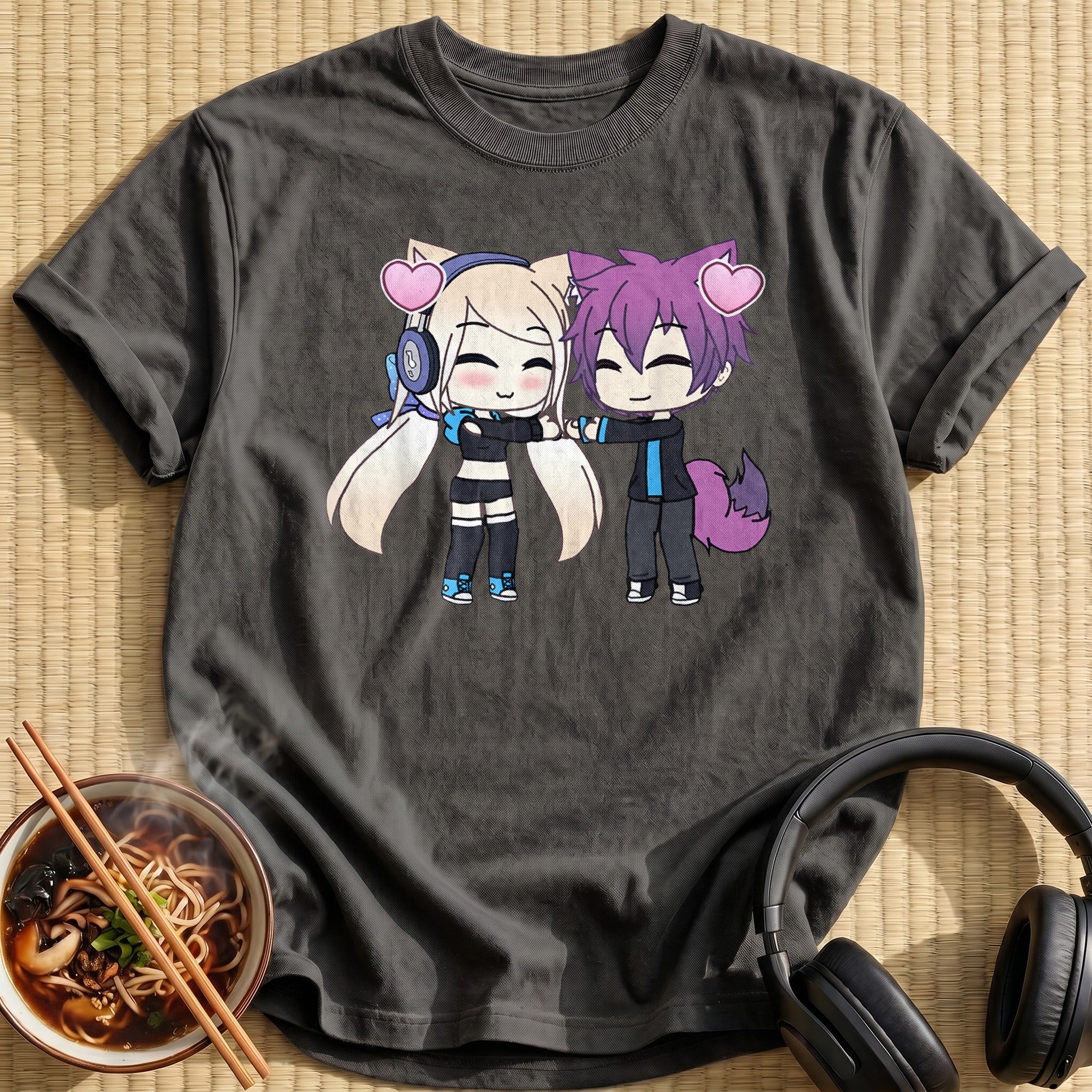 Chibi Cat Ear Couple Hearts - Charcoal