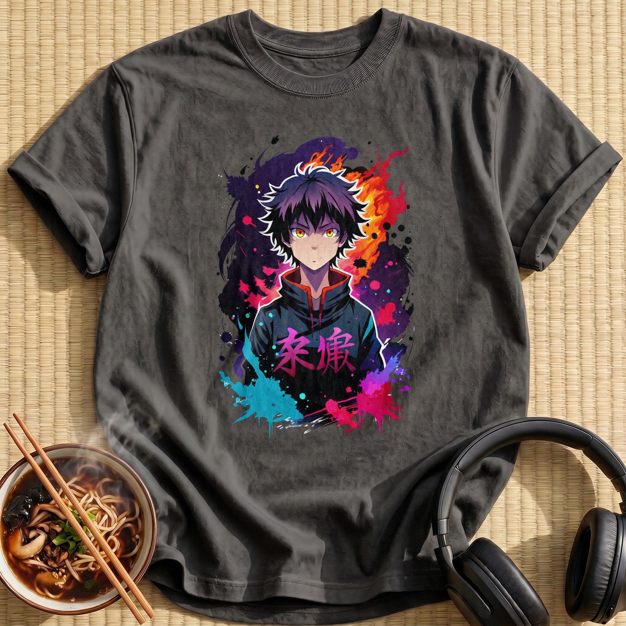 Colorful Ink Splatter Anime Boy Flames - Charcoal