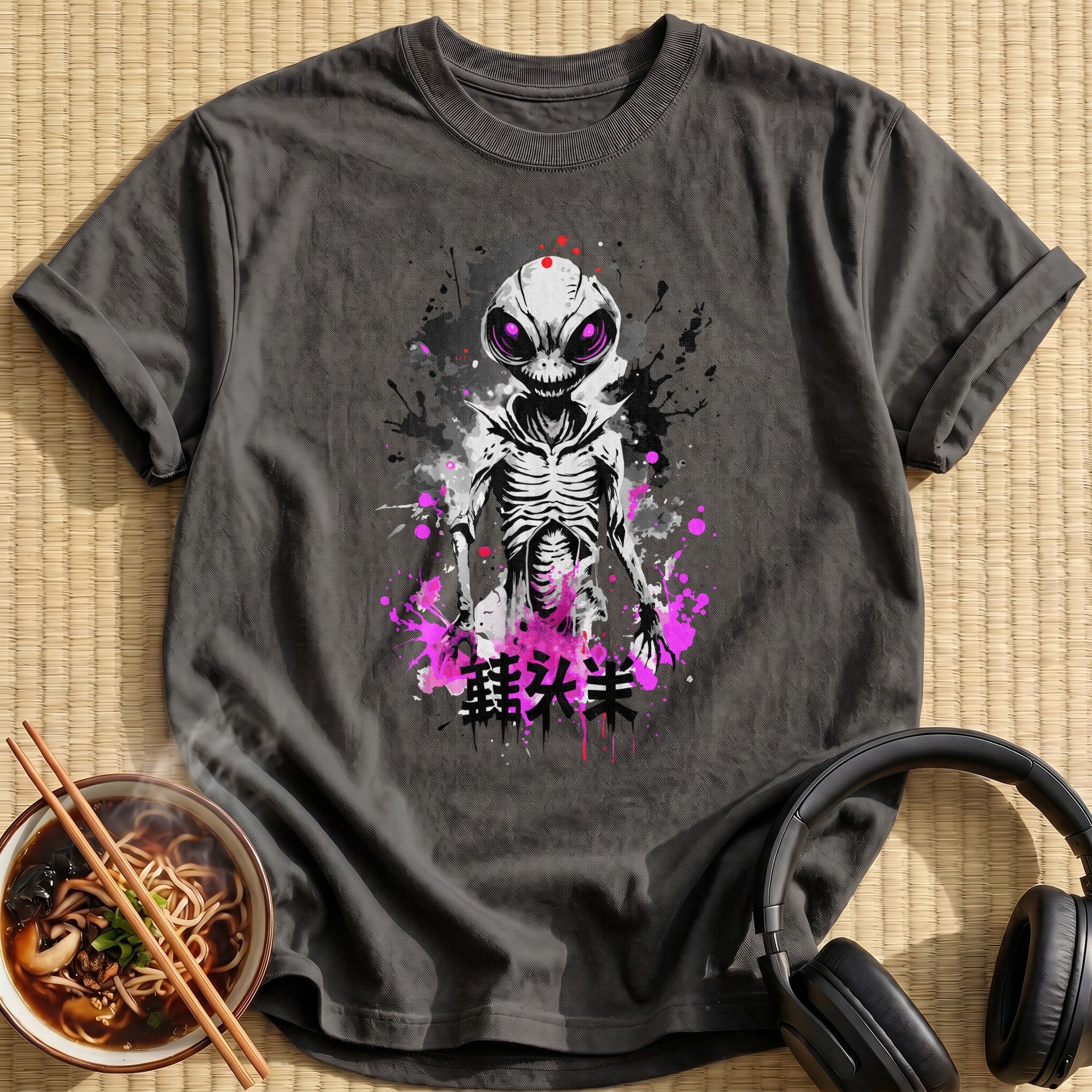 Creepy Grinning Alien Ink Splatter - Charcoal
