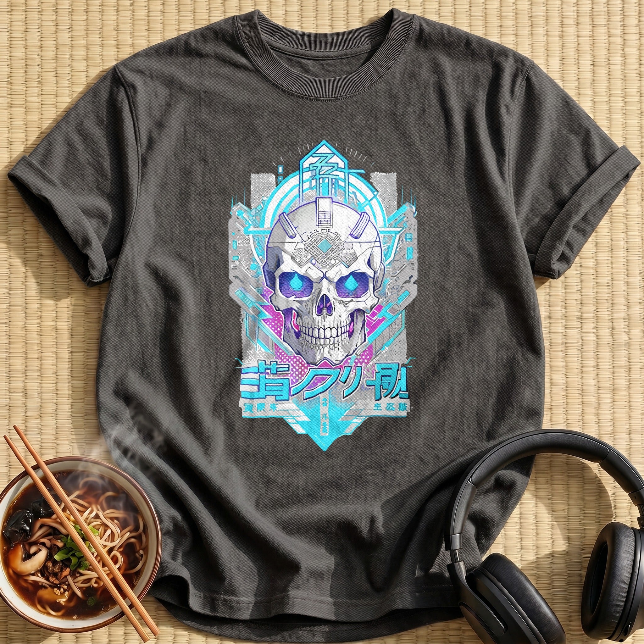 Cyberpunk Blue Cyborg Tech Skull - Charcoal