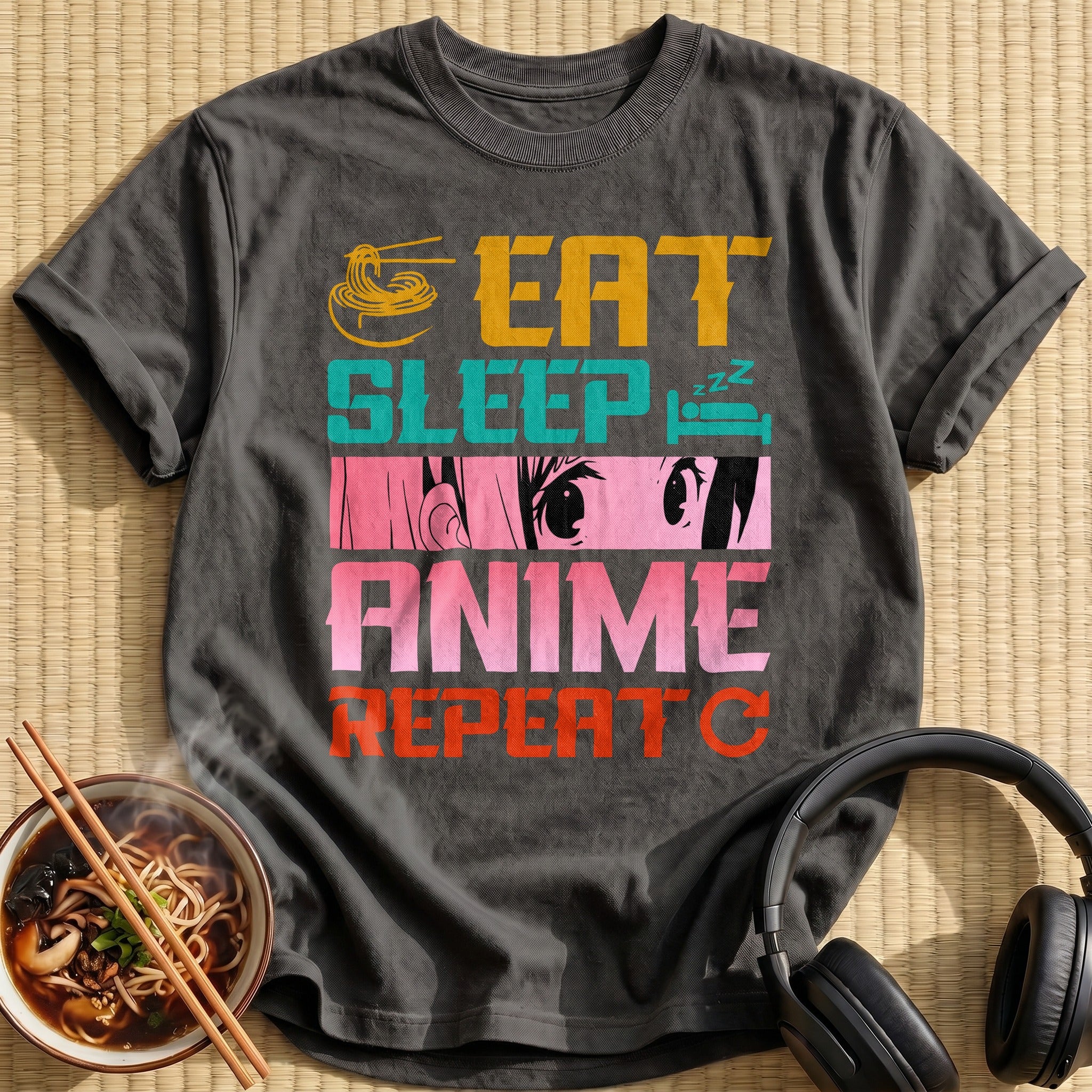 Eat Sleep Anime Repeat Slogan - Charcoal