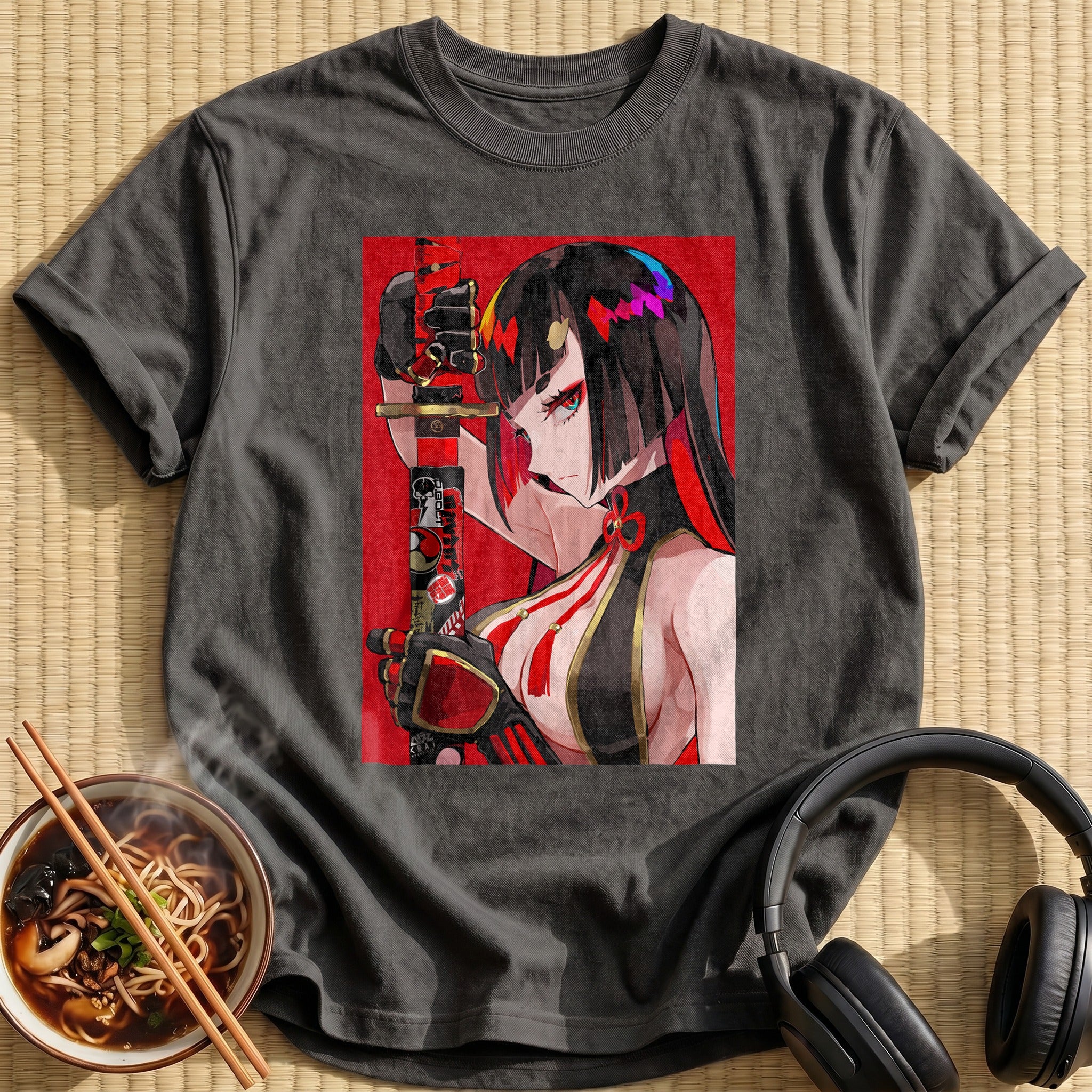Fierce Katana Warrior Waifu Red Background - Charcoal
