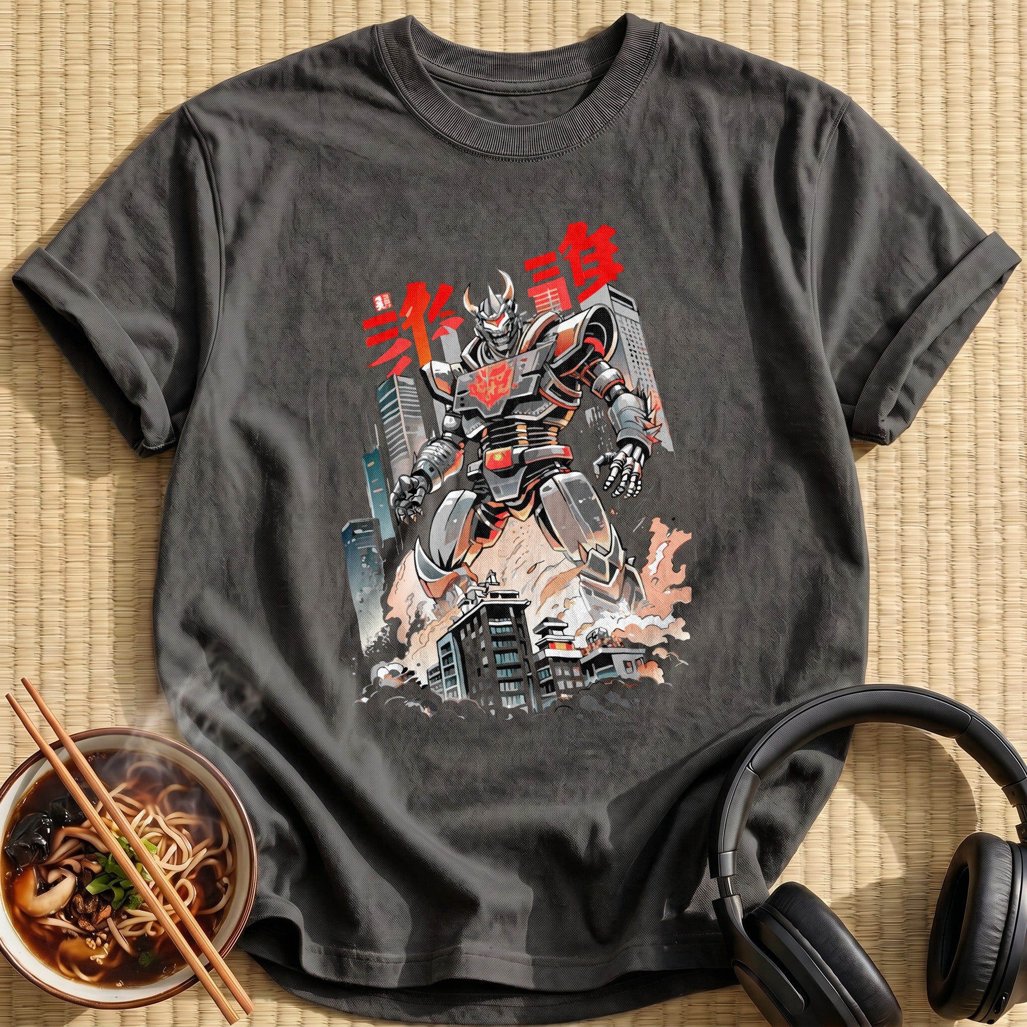 Giant Mecha Robot Destroying City Skyline - Charcoal