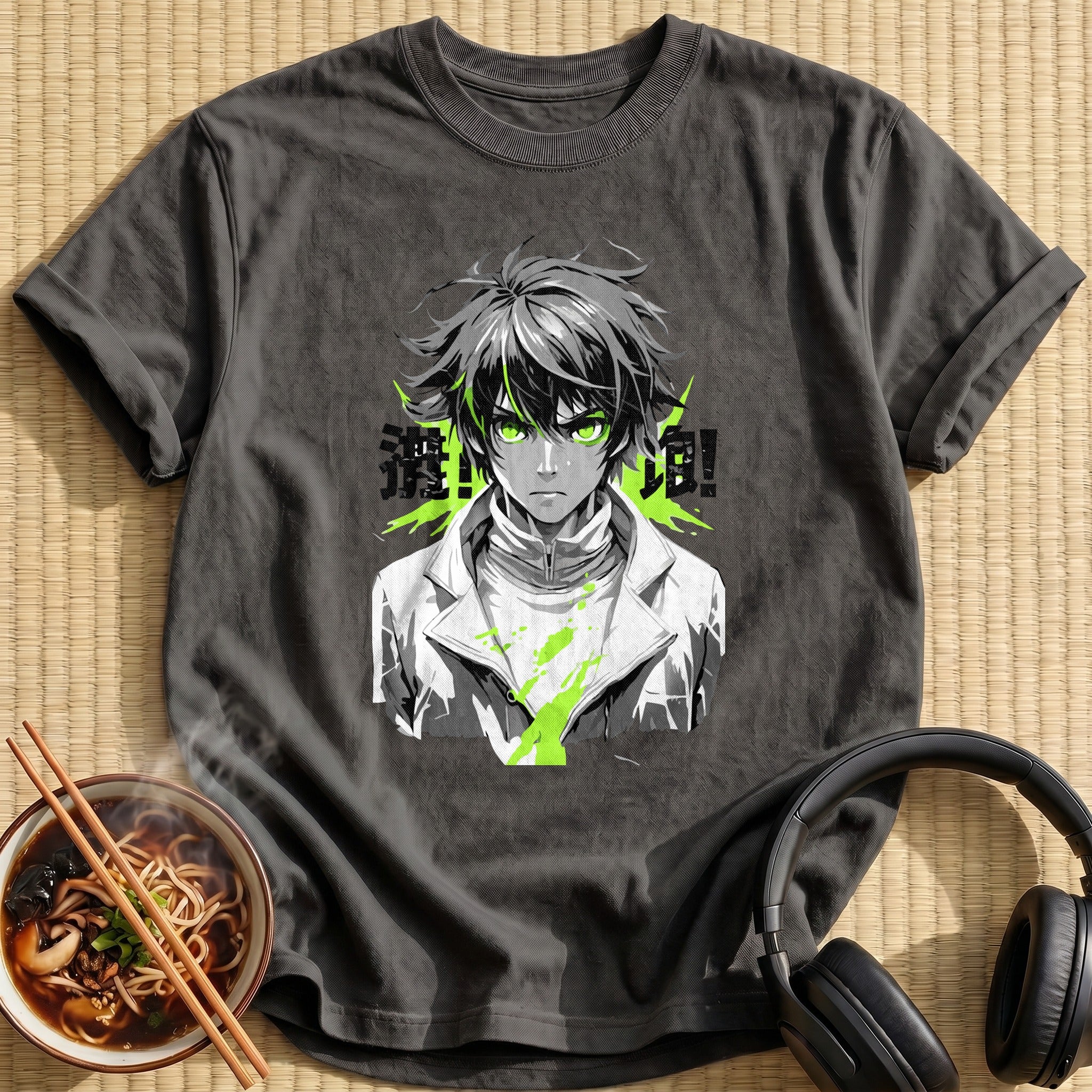 Green Eyed Anime Boy Monochrome Portrait - Charcoal