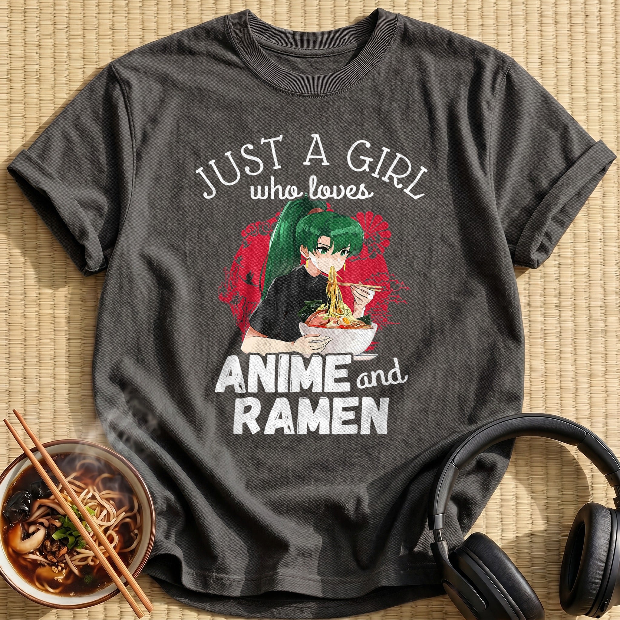 Green Ponytail Girl Eating Ramen - Charcoal