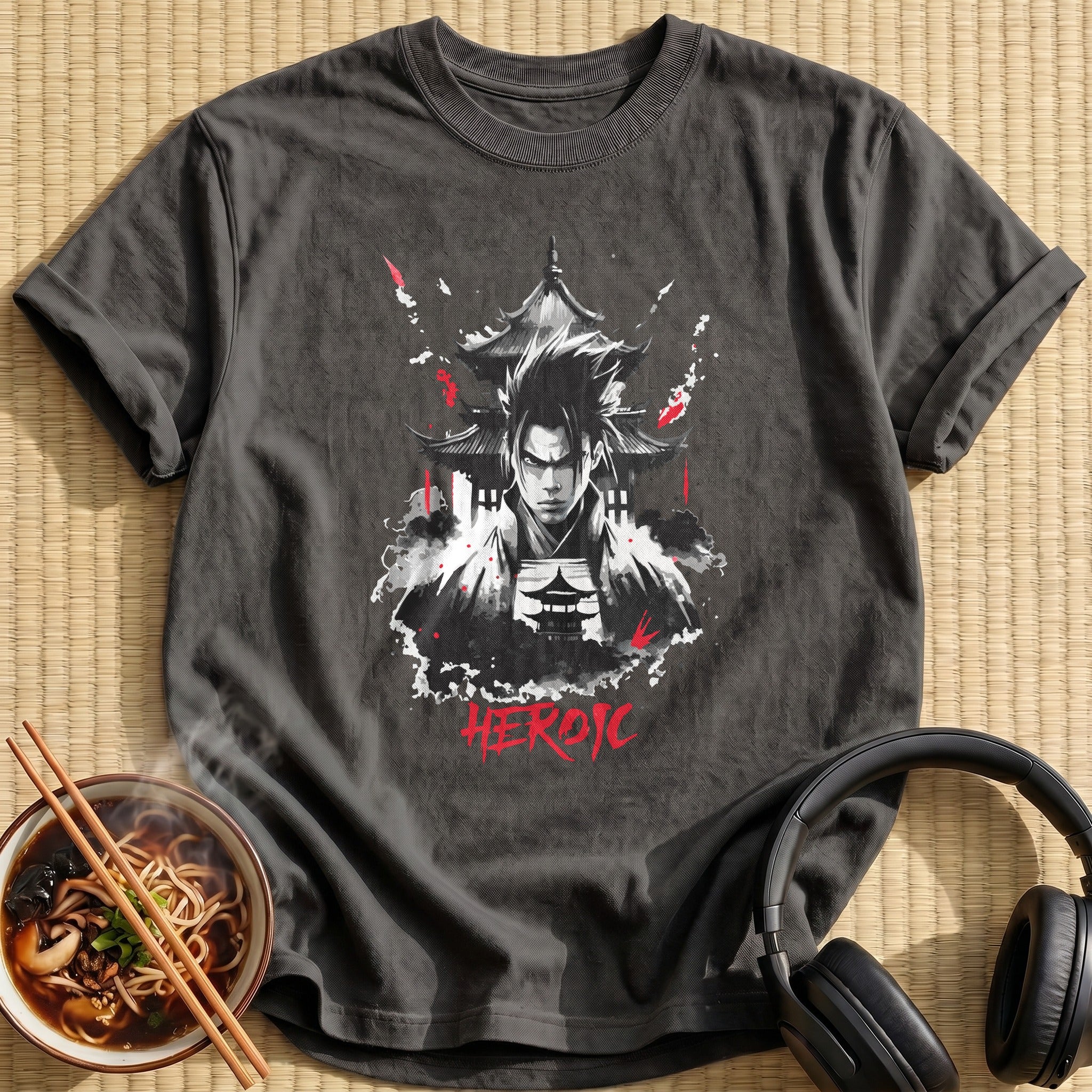 Heroic Samurai Warrior Pagoda Ink Portrait - Charcoal