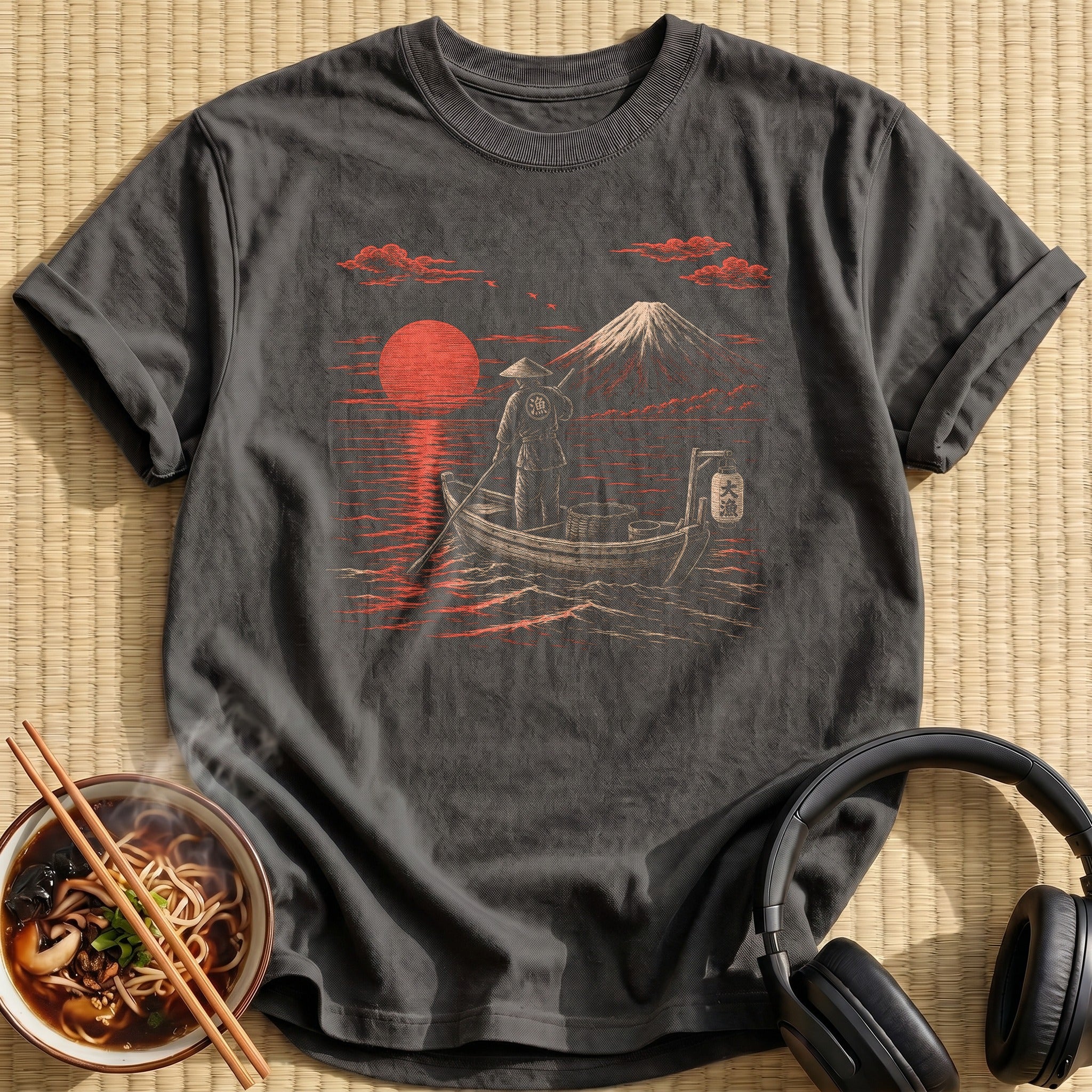 Japanese Fisherman Boat Red Sunset