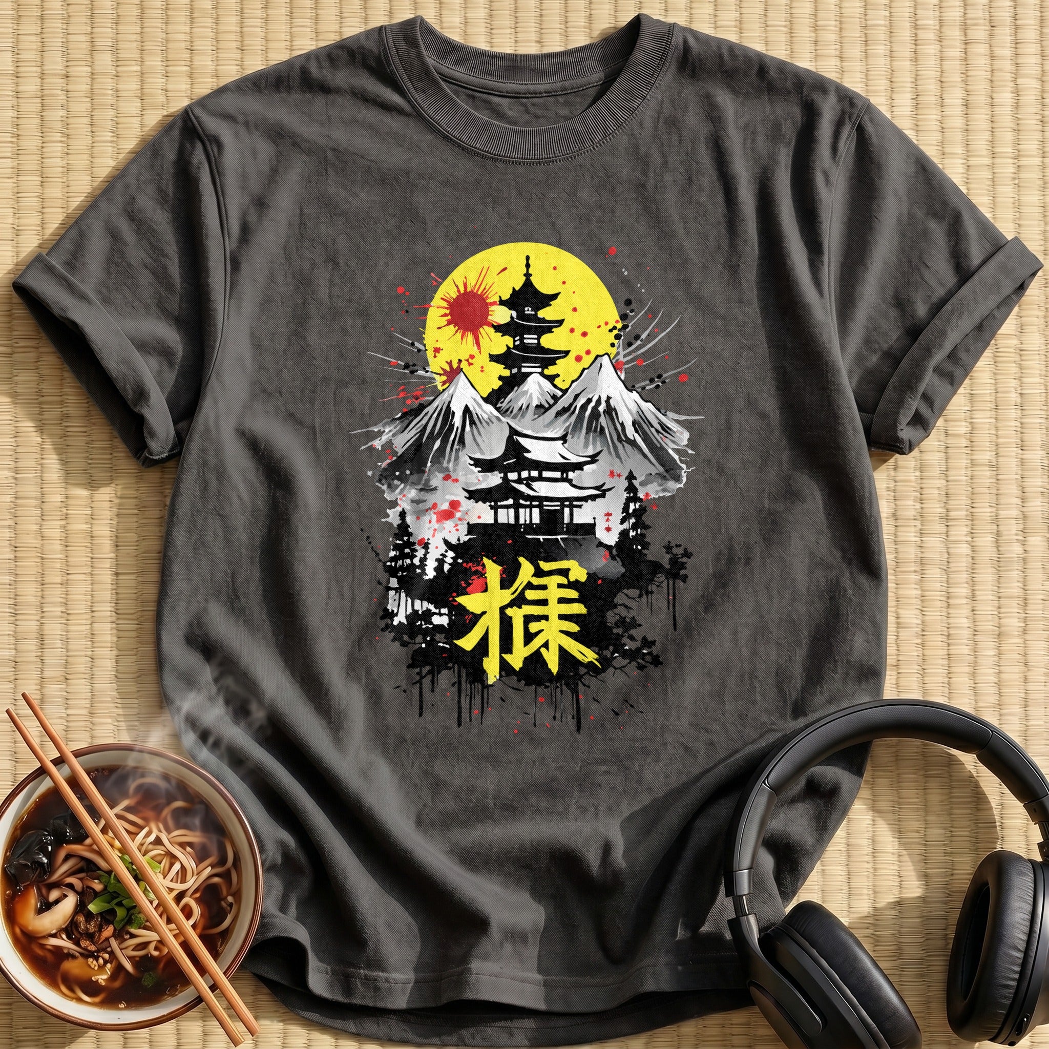 Japanese Pagoda Mountains Red Sun - Charcoal