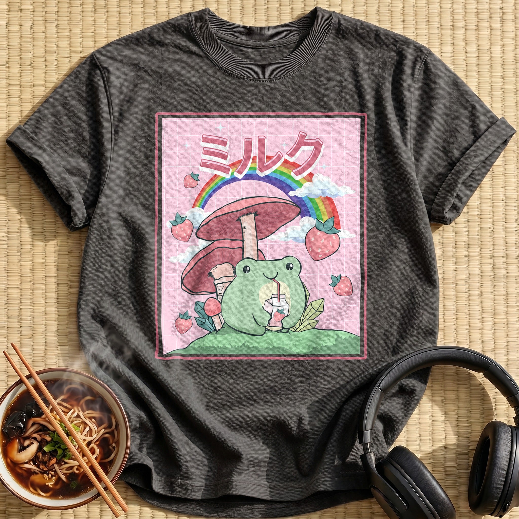 Kawaii Frog Mushroom Rainbow Strawberries - Charcoal