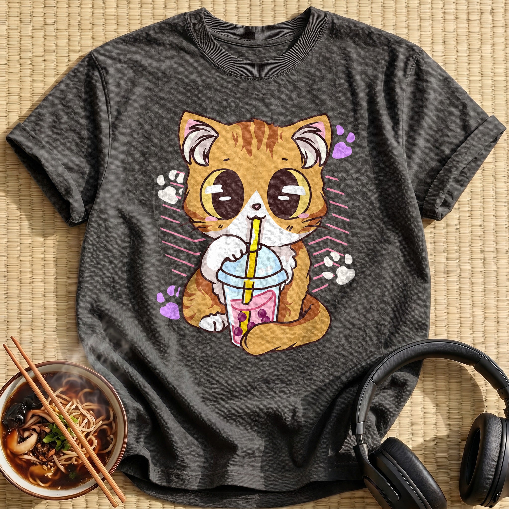 Kawaii Kitten Sipping Bubble Tea - Charcoal