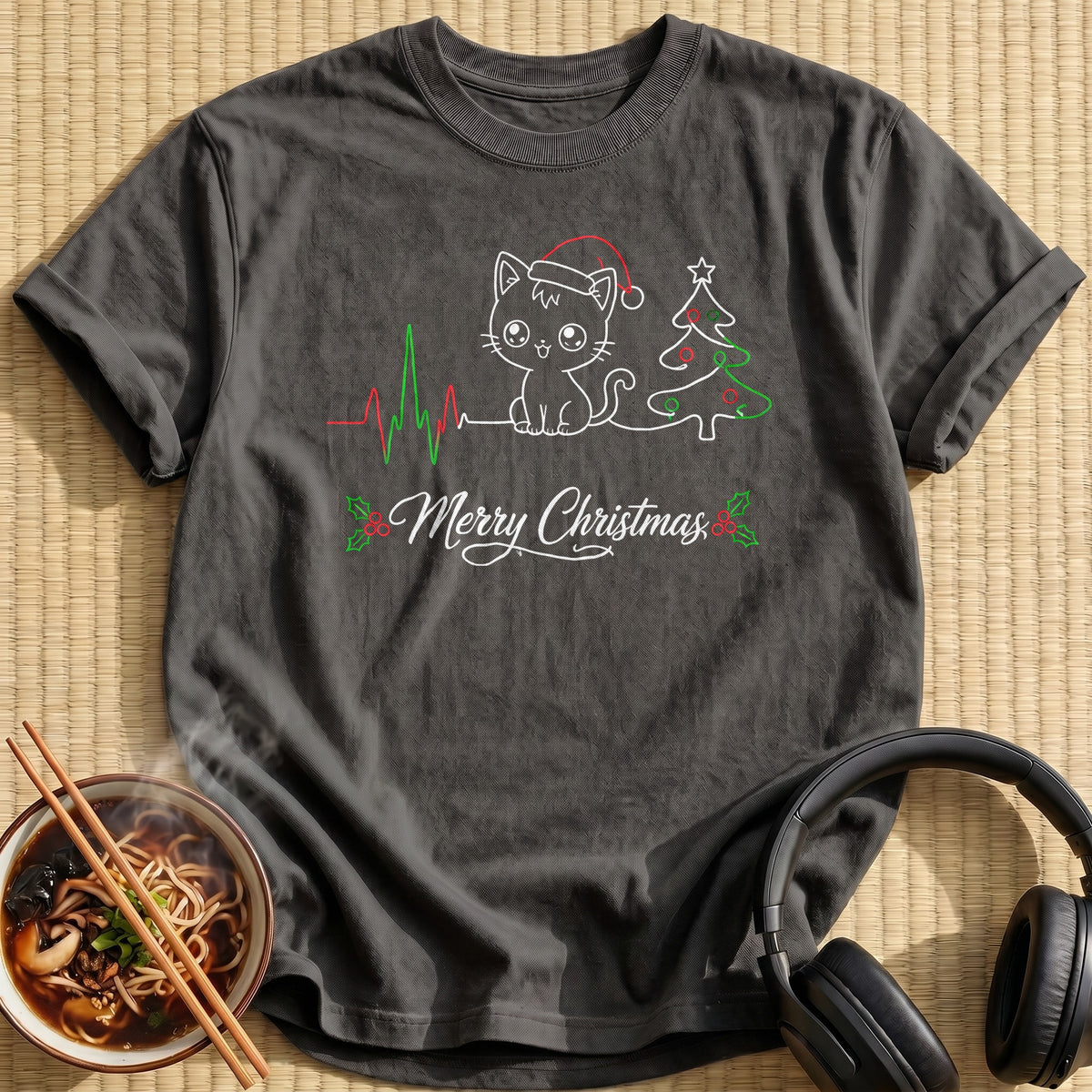 Merry Christmas Heartbeat Cat 36 - Charcoal