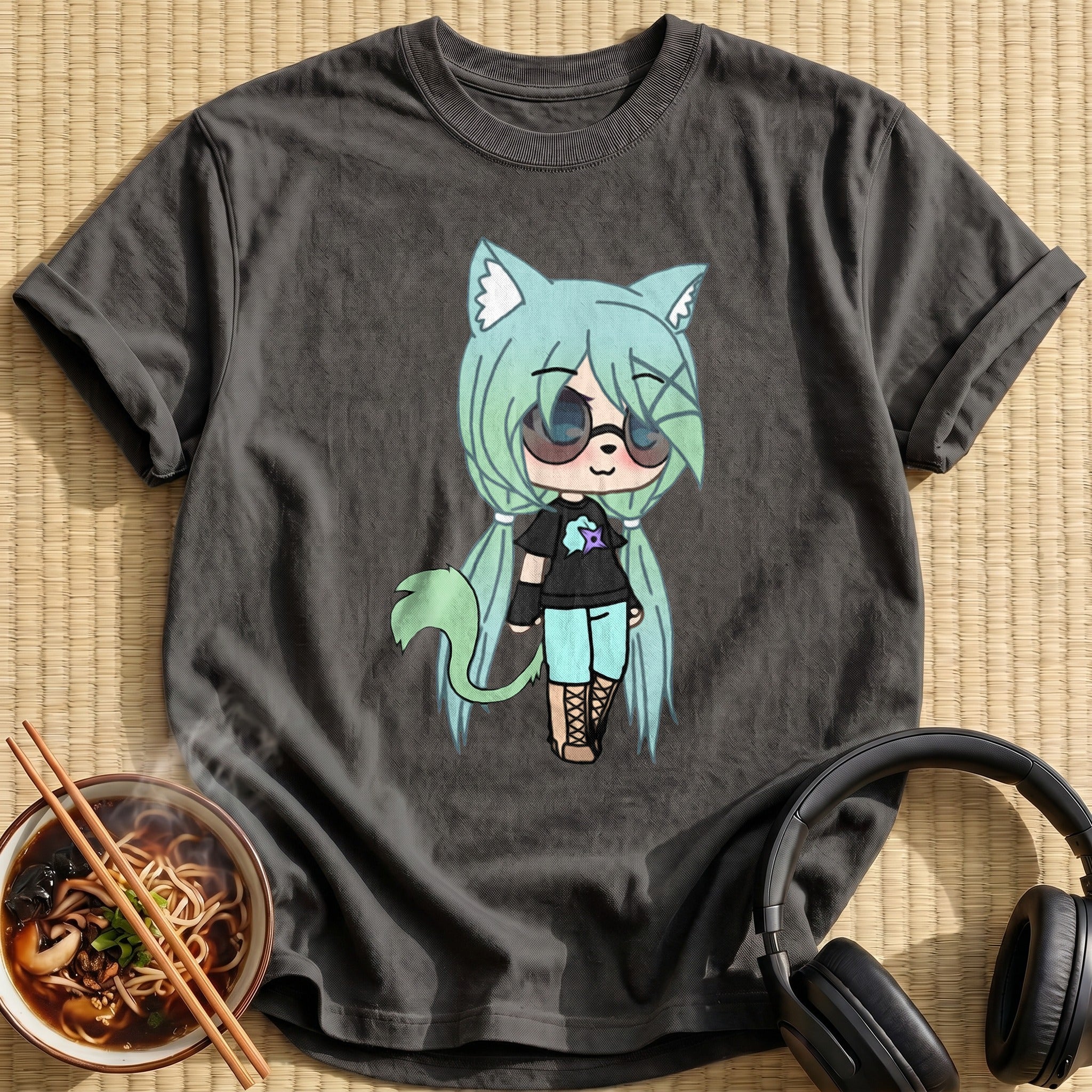 Mint Hair Chibi Tomboy Catgirl - Charcoal