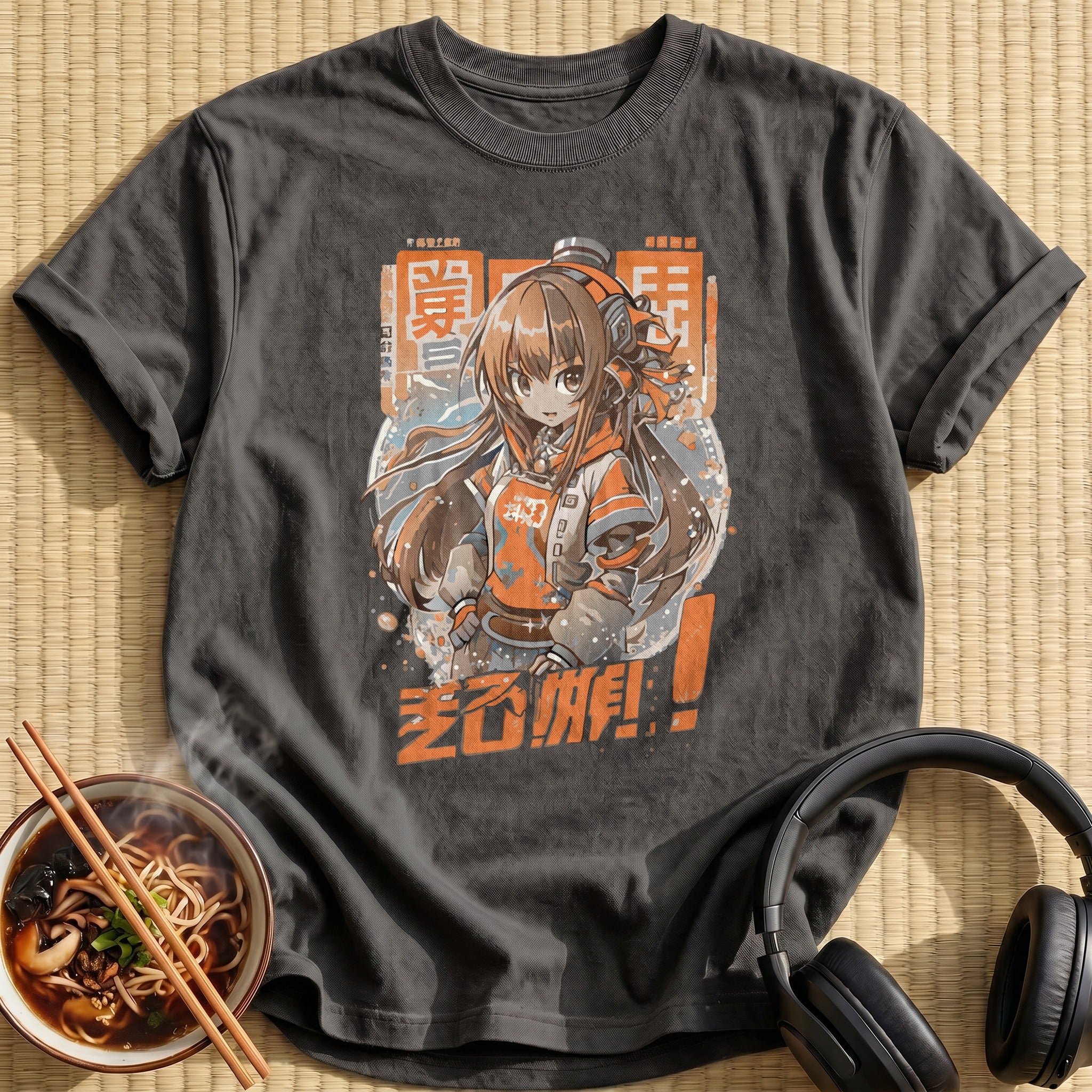 Orange Headphones Anime Gamer Girl - Charcoal