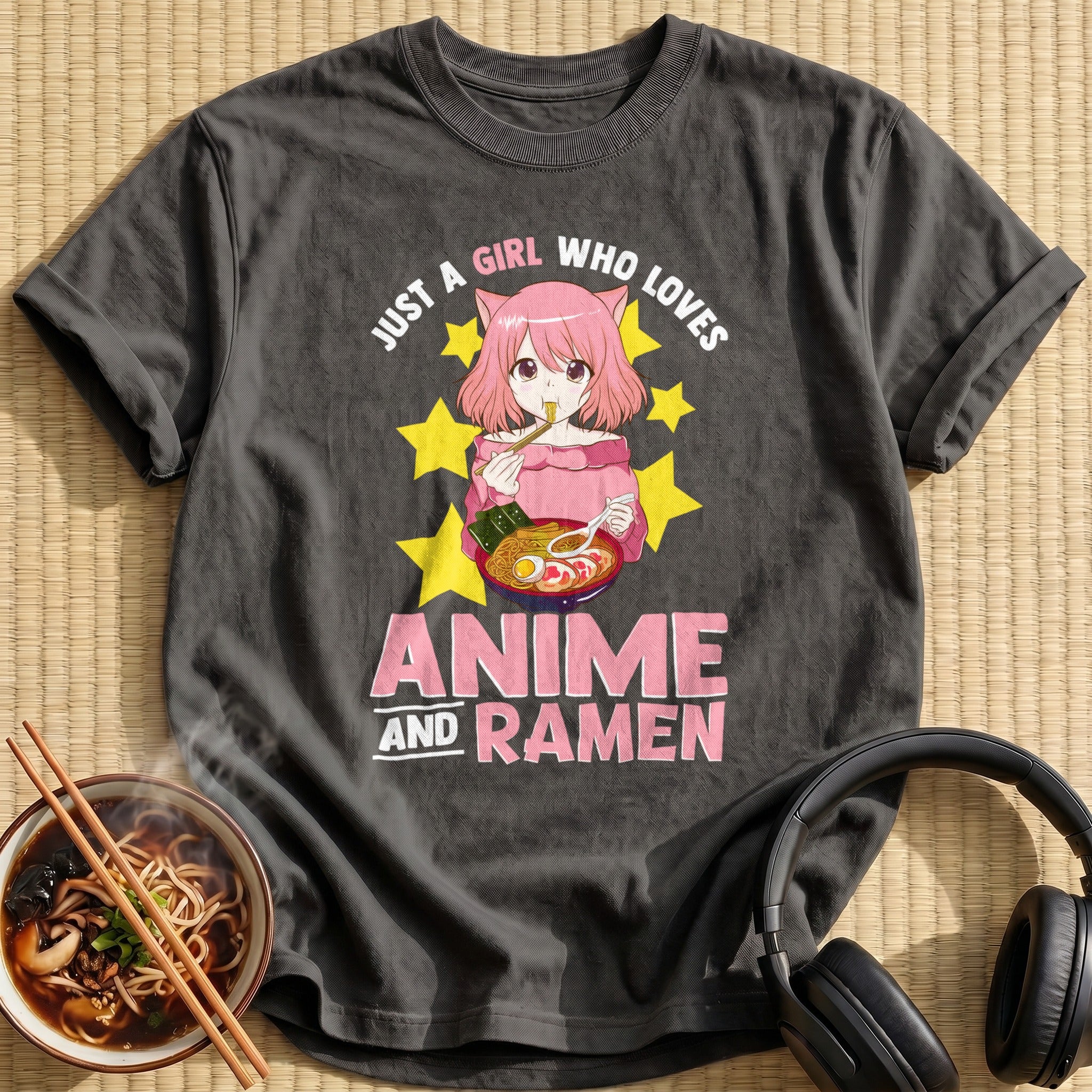 Pink Cat Girl Slurping Ramen - Charcoal