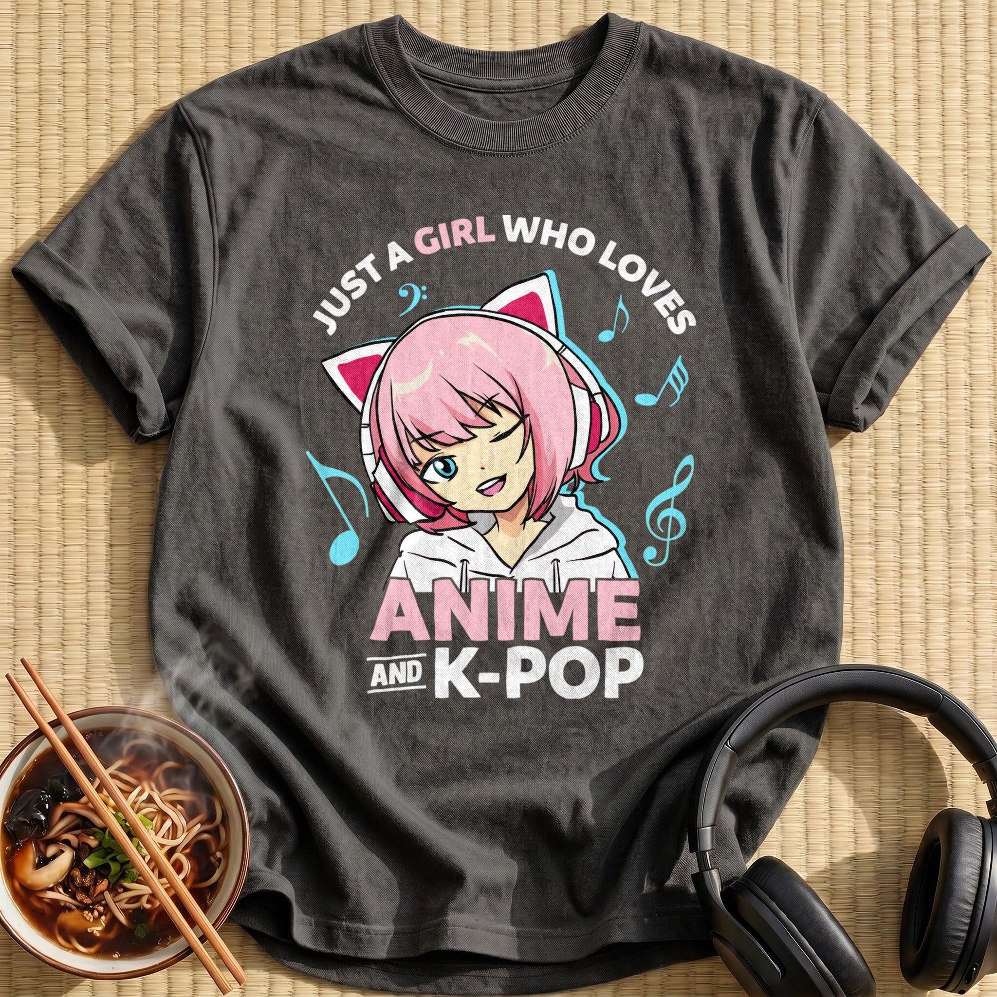 Pink Cat Headphones Music Girl - Charcoal