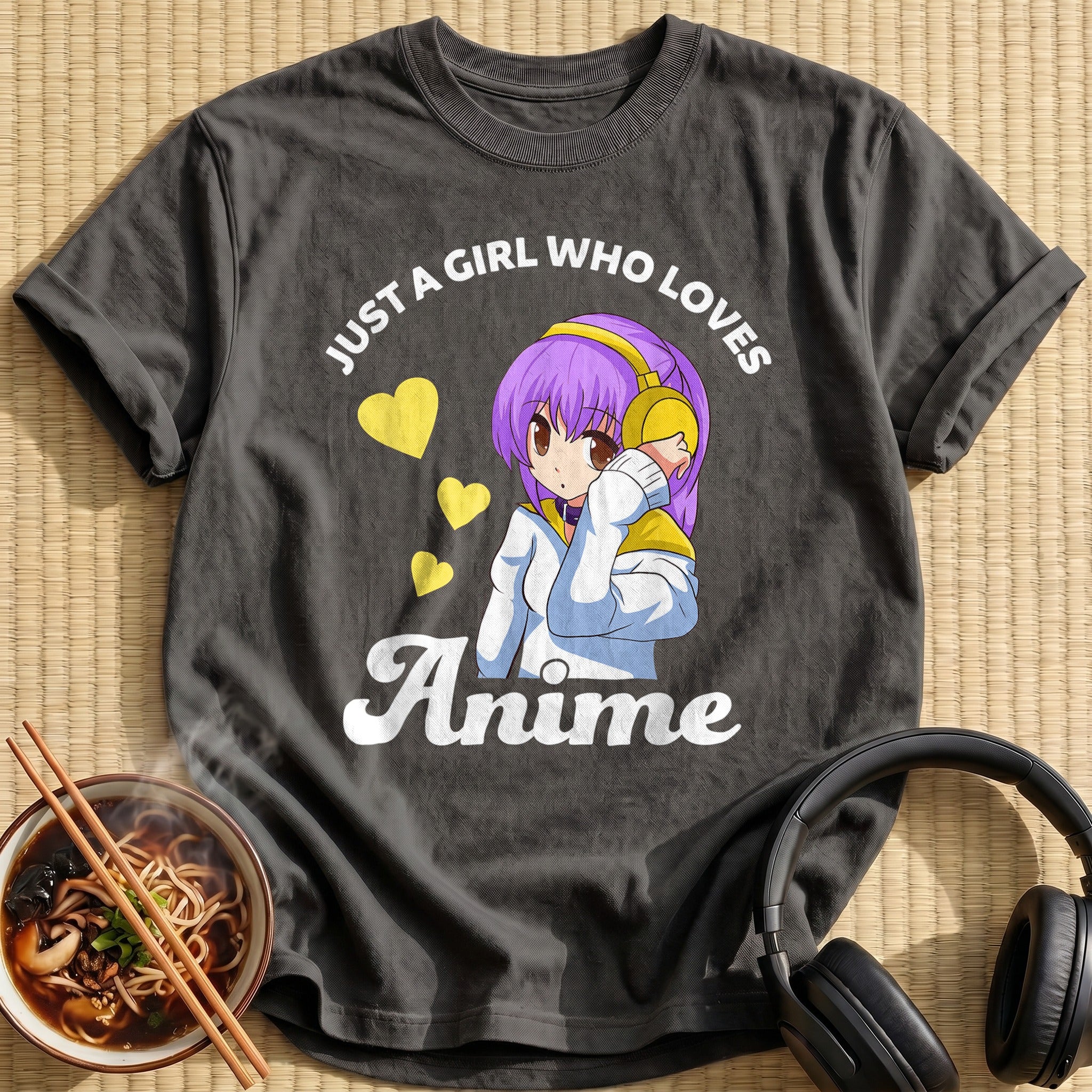 Purple Hair Girl Yellow Headphones Hearts - Charcoal