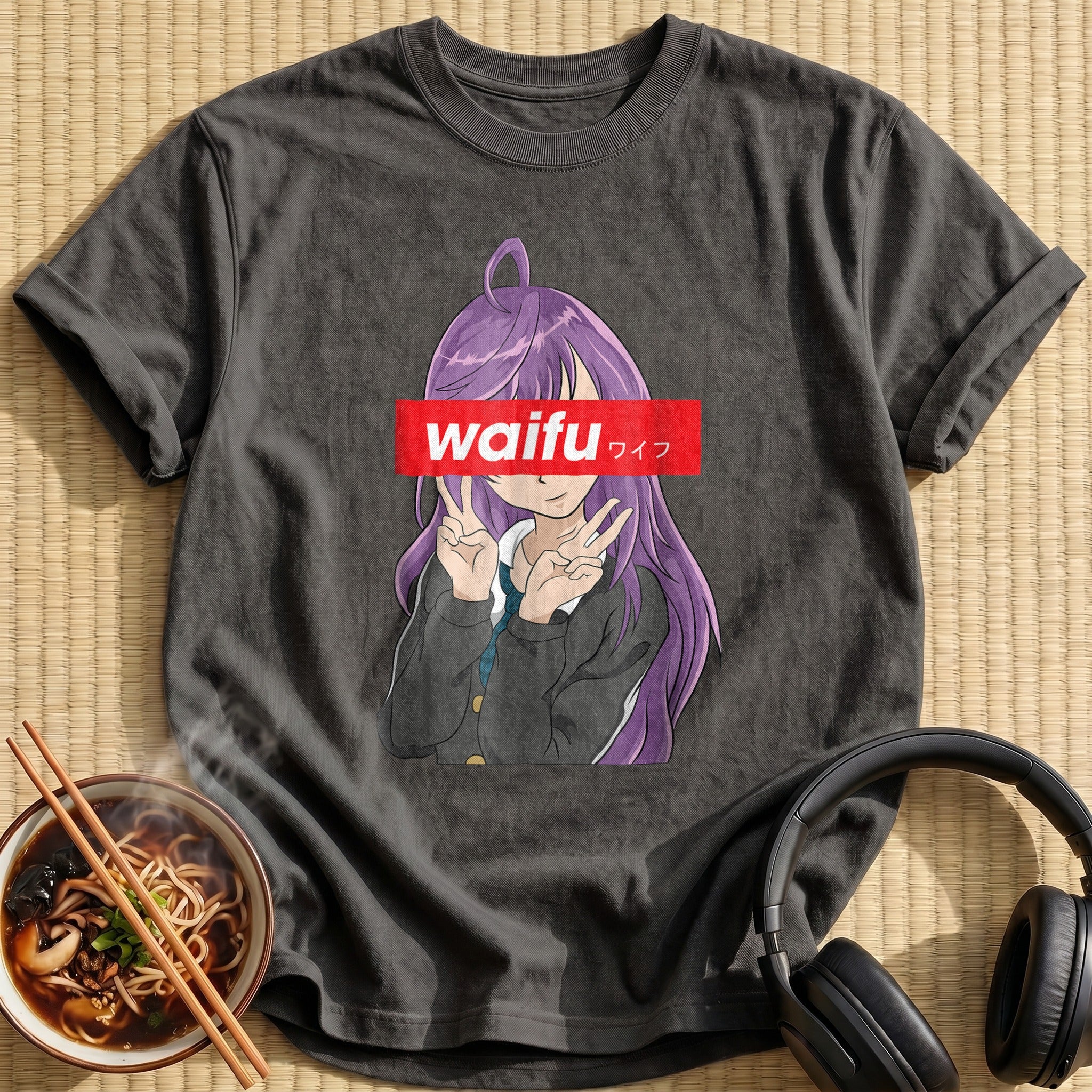 Purple Haired Waifu Peace Sign Girl - Charcoal