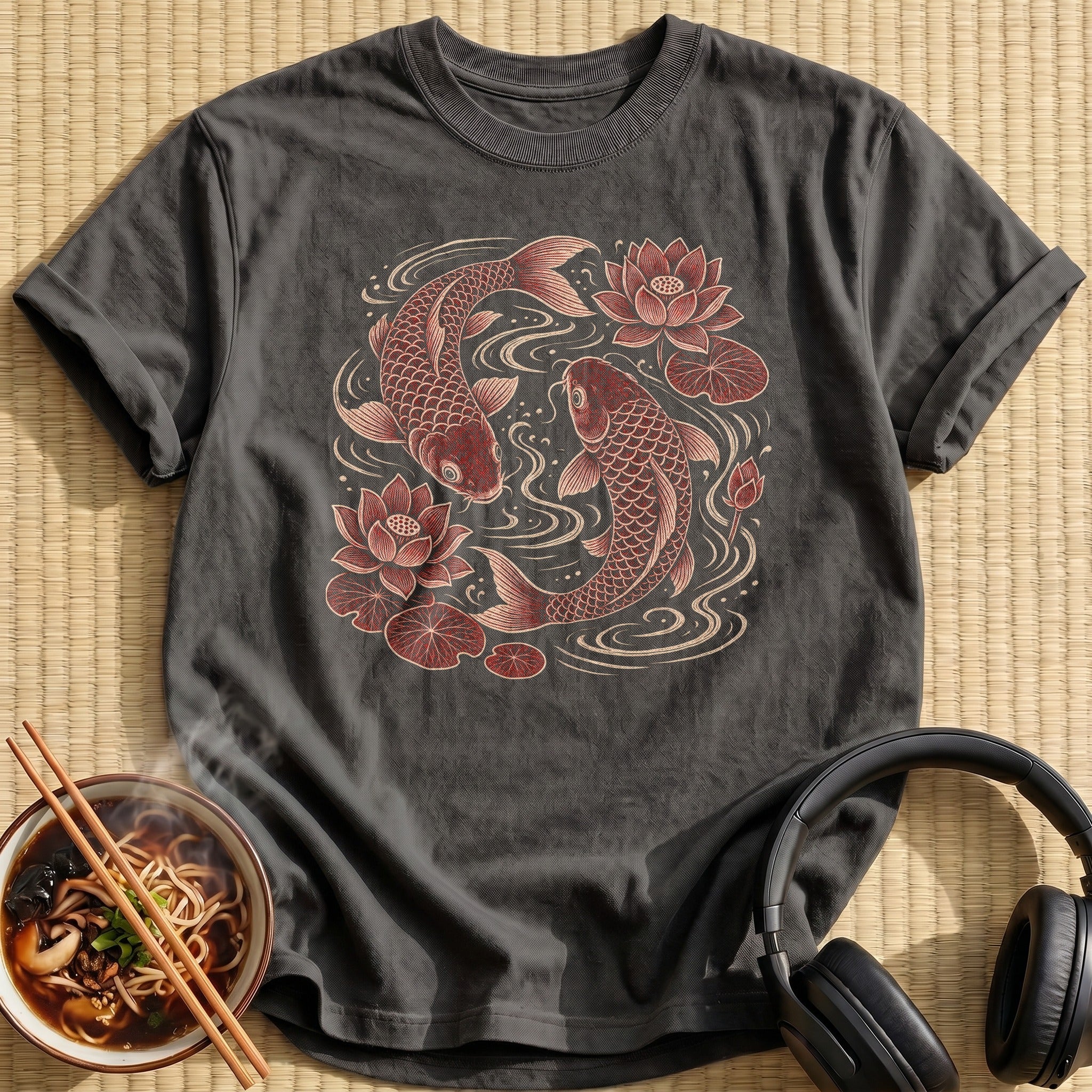 Red Koi Fish Lotus Flowers