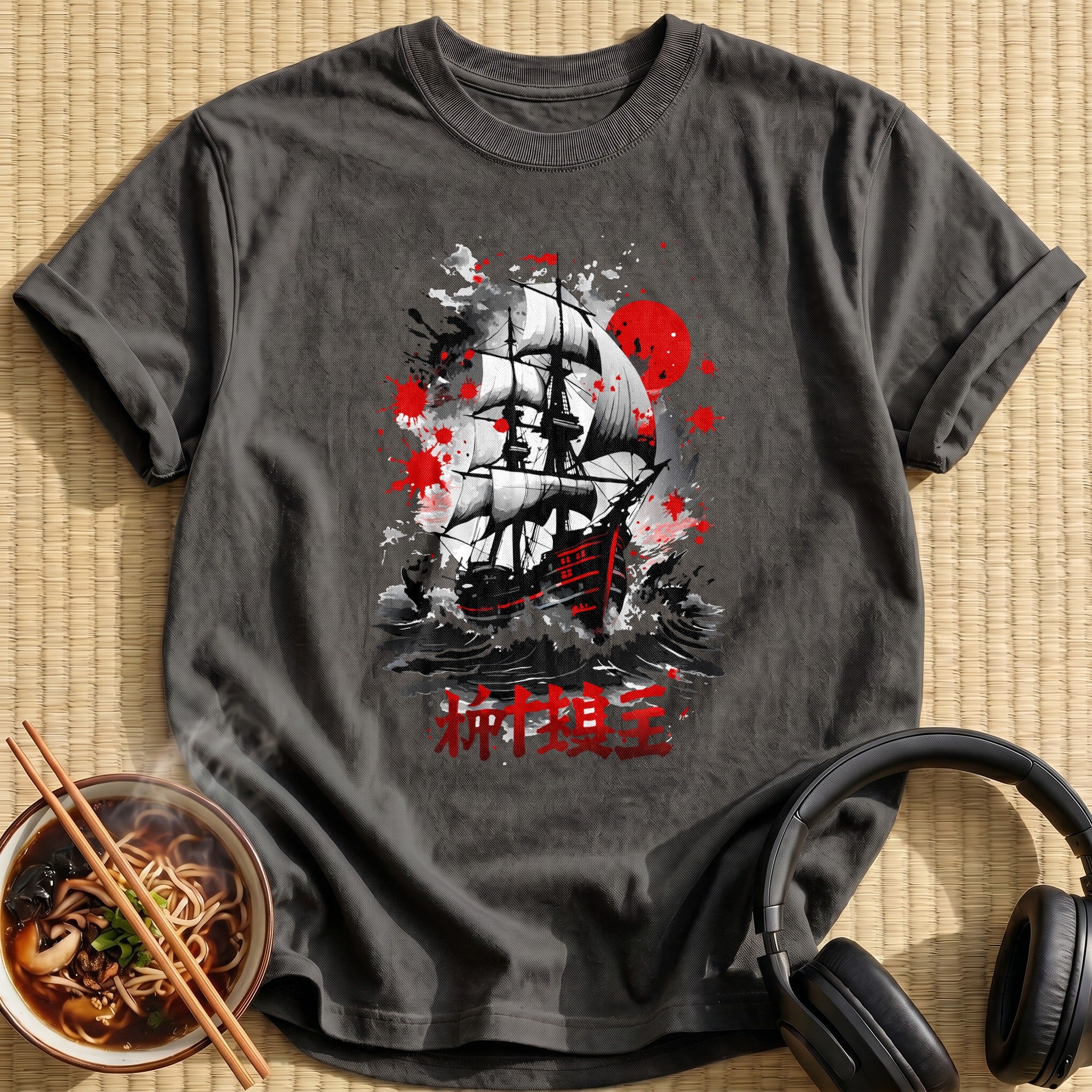 Red Sun Pirate Ship Inksplatter - Charcoal