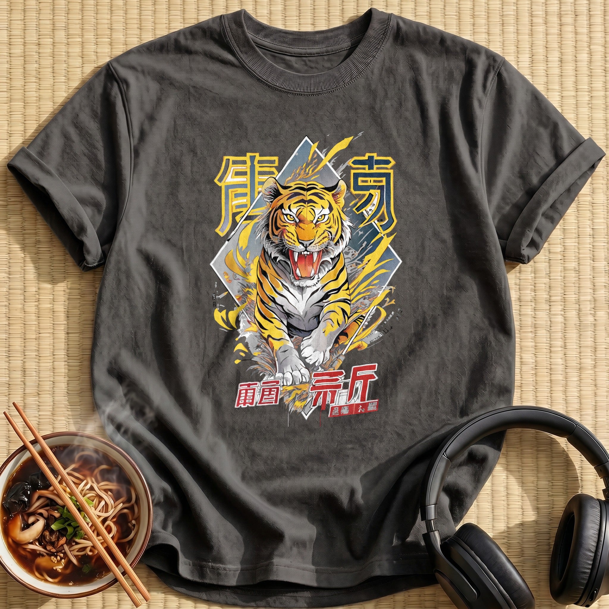 Roaring Yellow Tiger Lightning Kanji - Charcoal