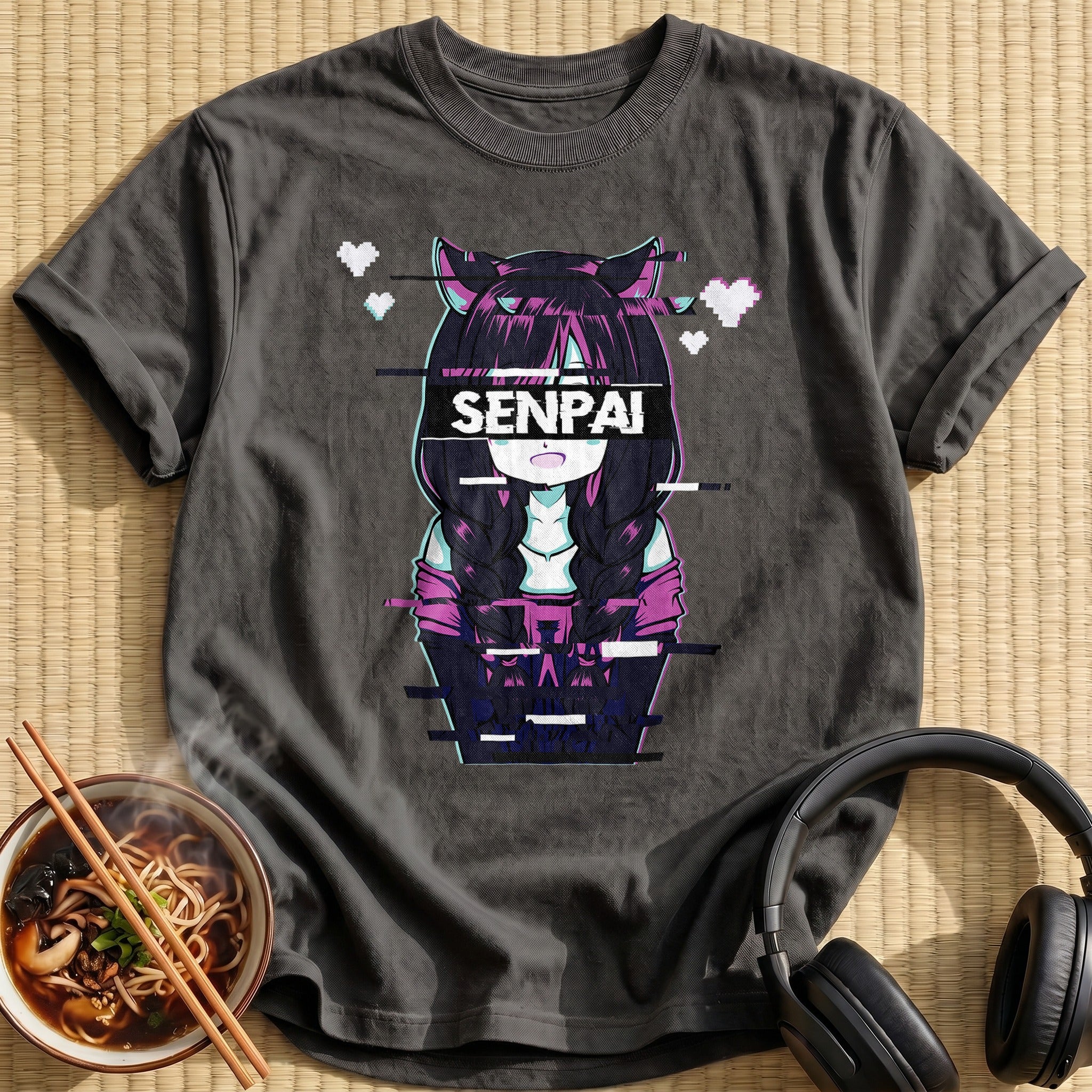 Senpai Cat Girl Glitch Vaporwave - Charcoal