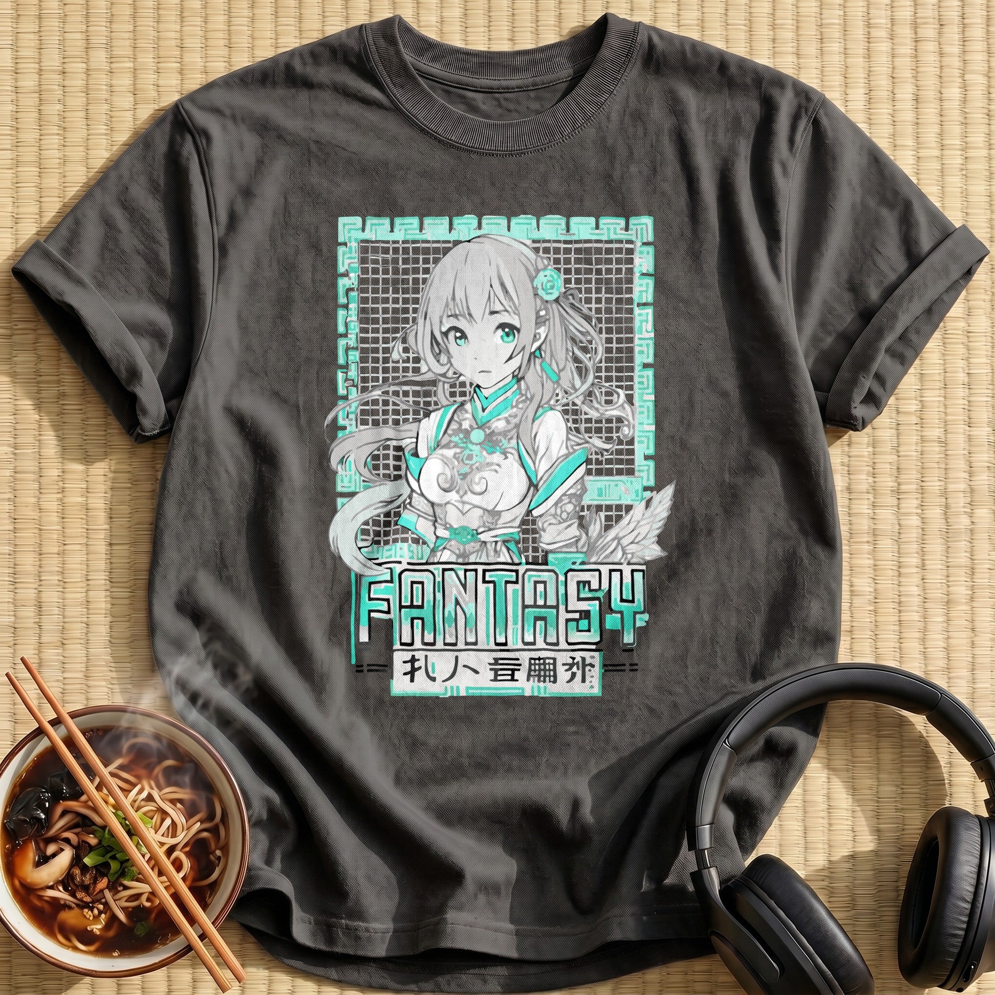 Teal Fantasy Anime Maiden Portrait - Charcoal