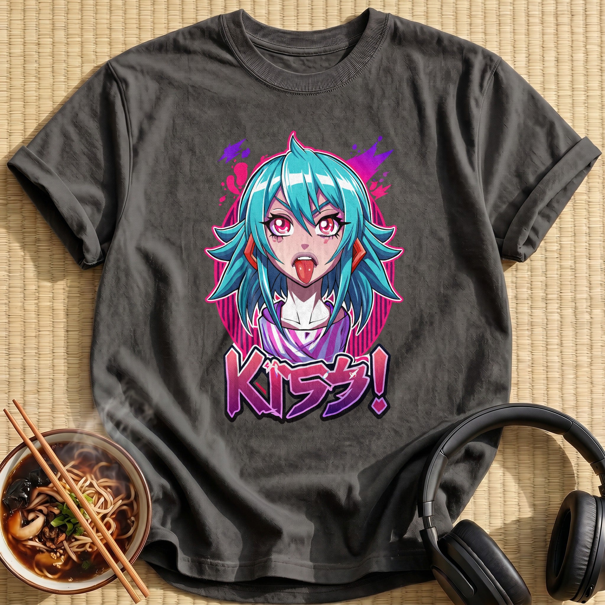 Teal Hair Anime Girl Kiss - Charcoal