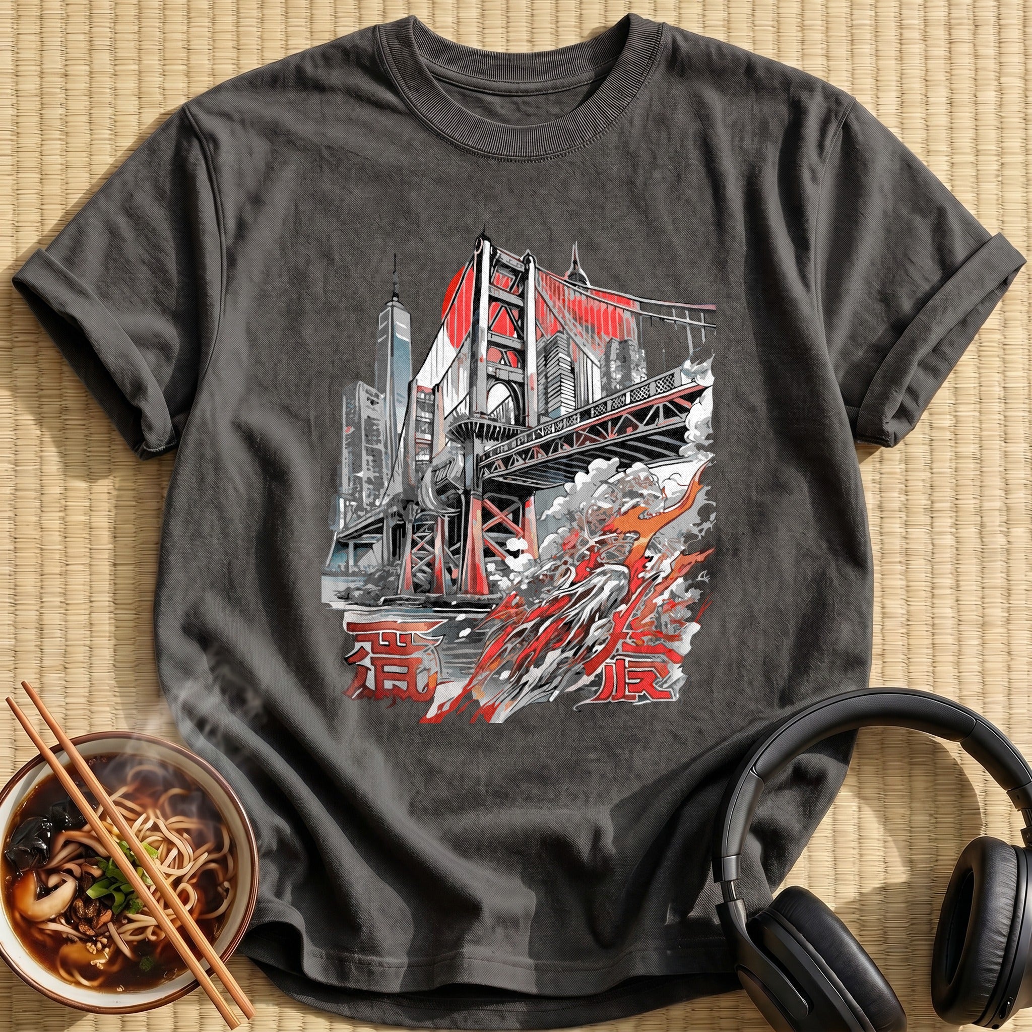 Tokyo Bridge Skyline Crashing Wave - Charcoal