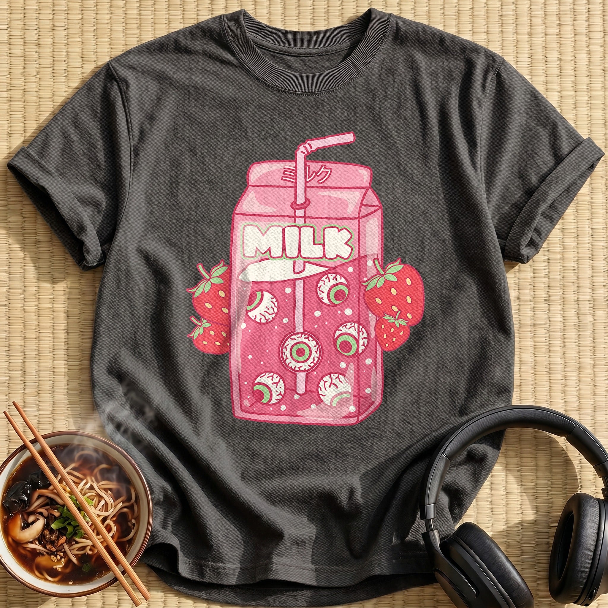 Weirdcore Strawberry Eyeball Milk Carton - Charcoal