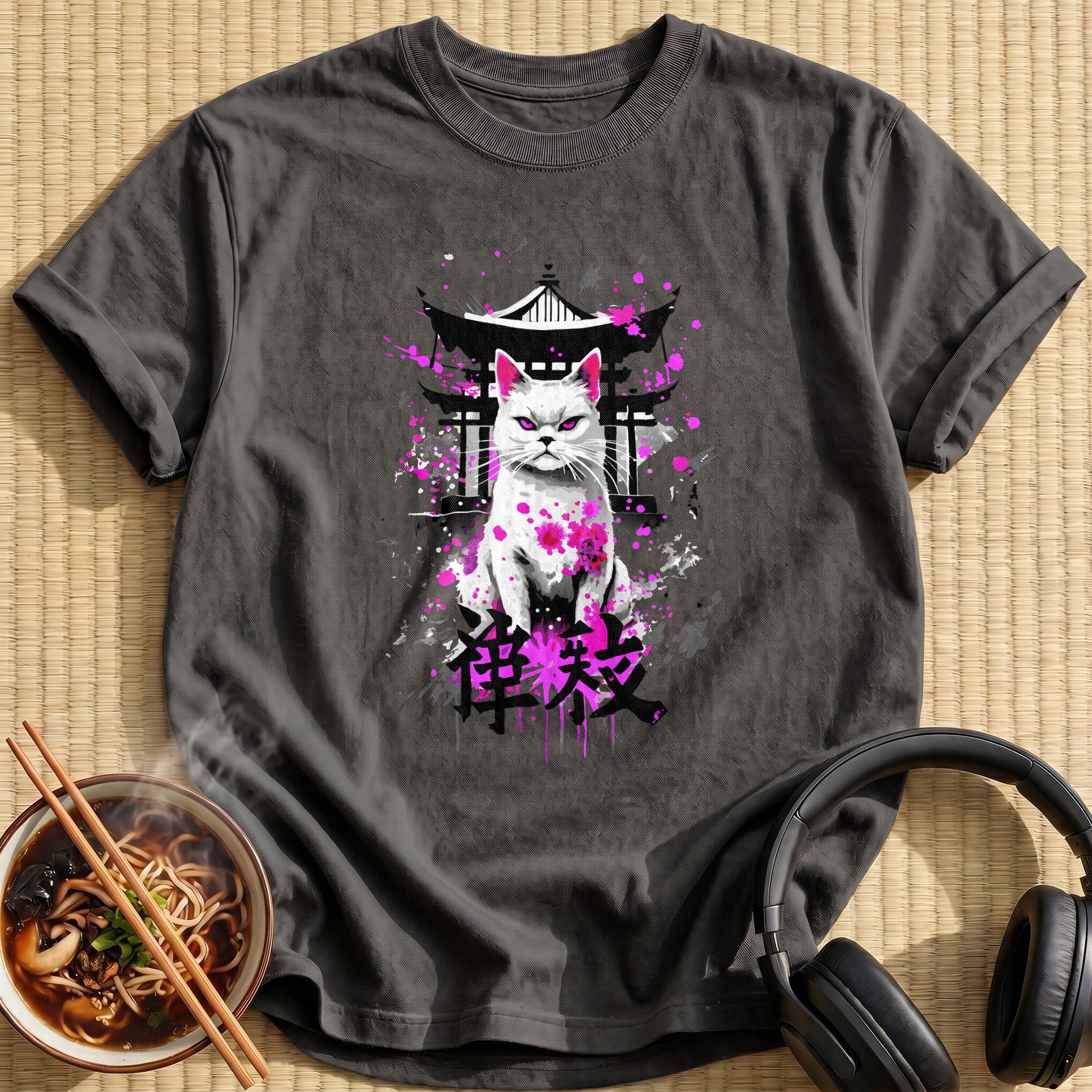 White Cat Pink Splatter Shrine - Charcoal