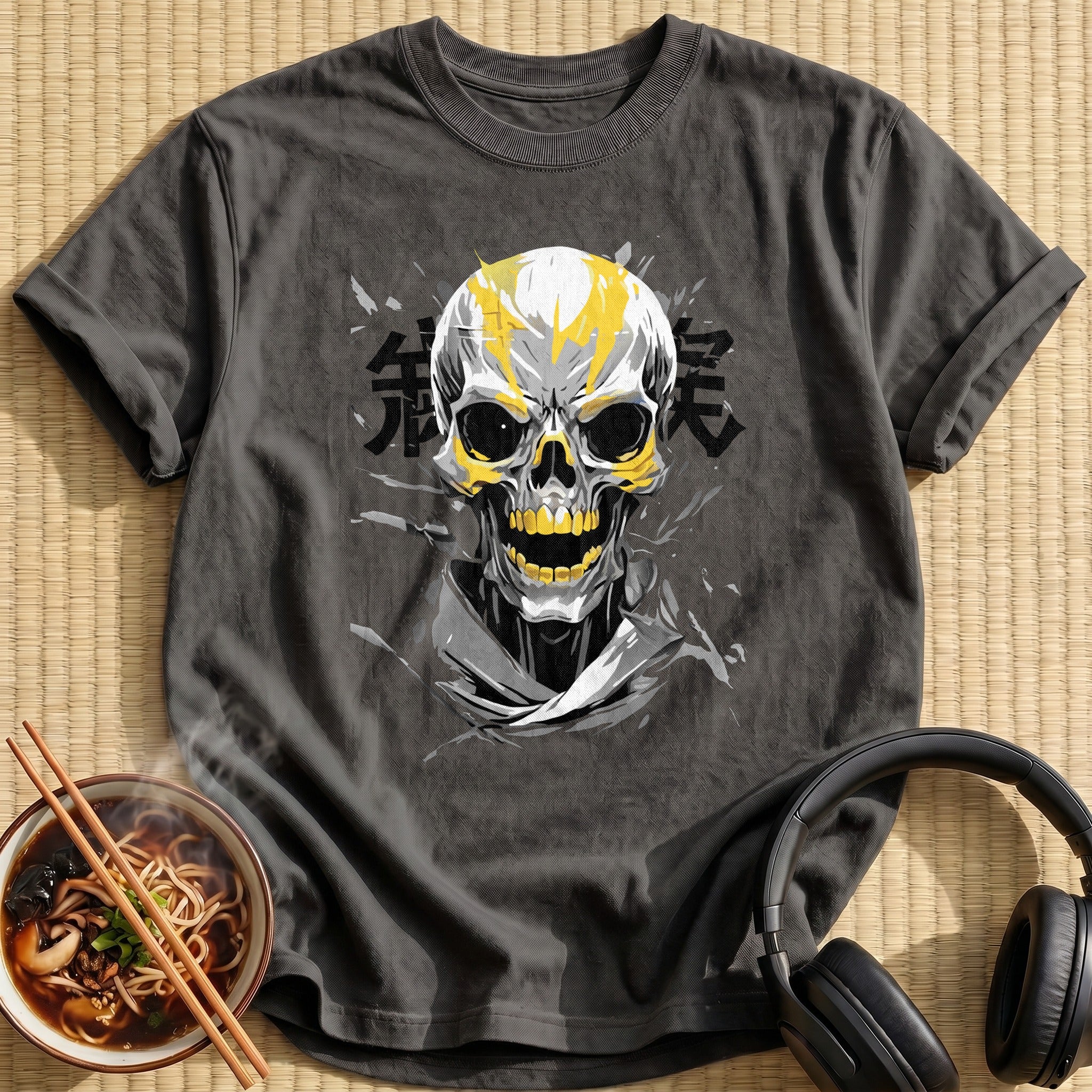 Yellow Flame Grinning Human Skull - Charcoal