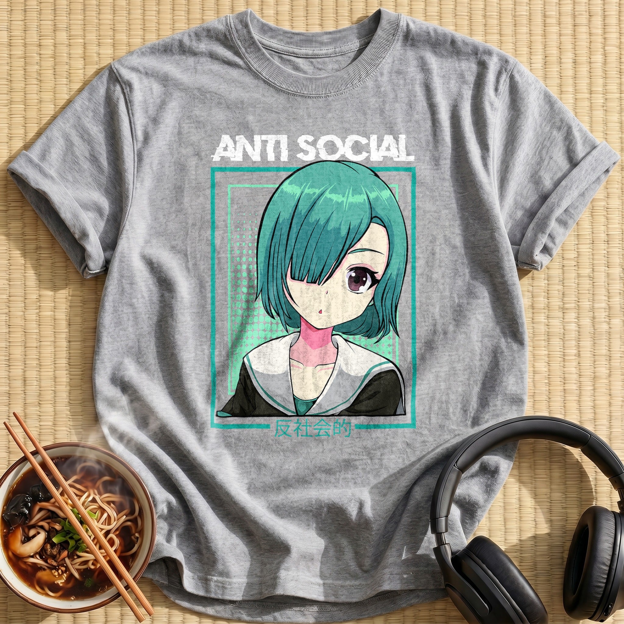 Anti Social Teal Hair Anime Girl - Sport Grey