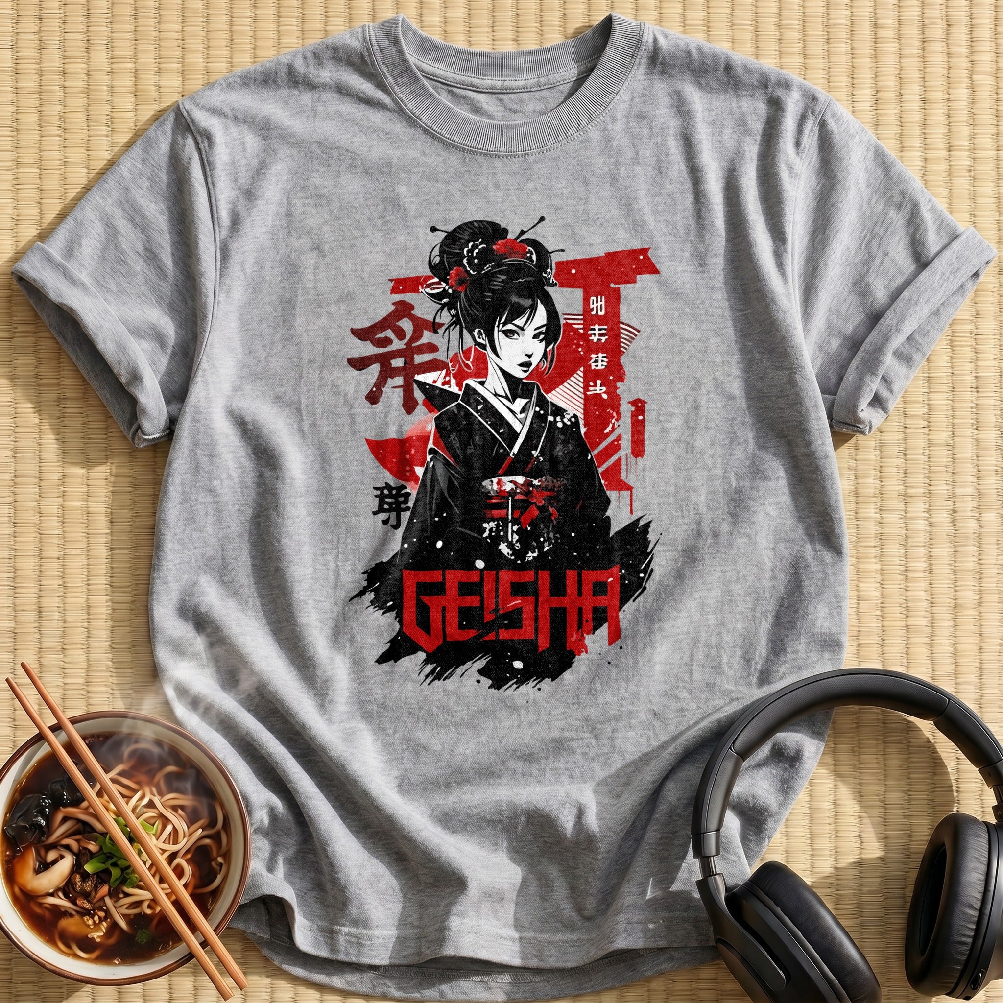 Black Red Geisha Kimono Portrait - Sport Grey