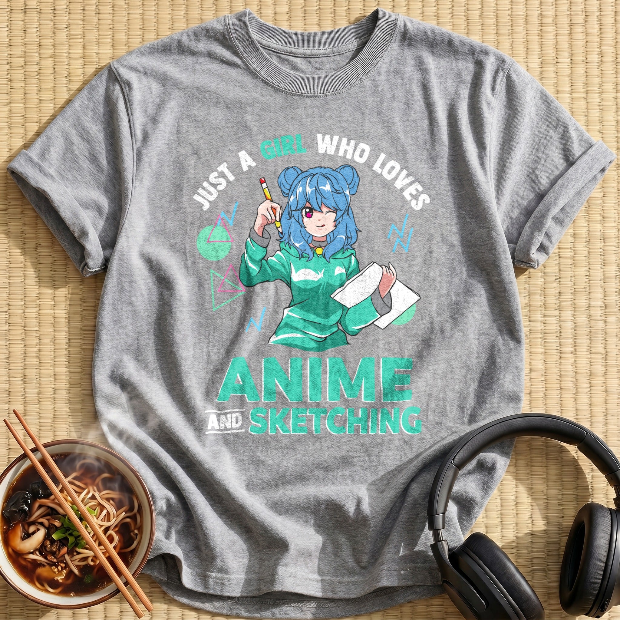 Blue Hair Sketching Girl Green Hoodie - Sport Grey